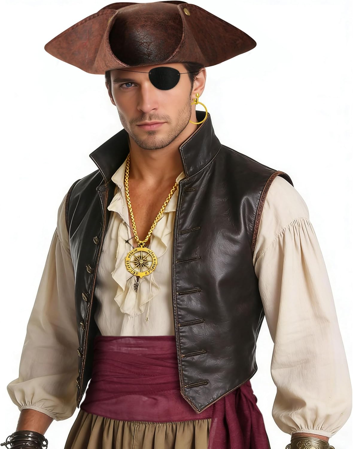 Pirate Tricorn Hat Men & Women Vintage Wrinkle Pirate Hat Set with Eye Patch Necklace Pirate Sash Belt Accessories Set - Image 5