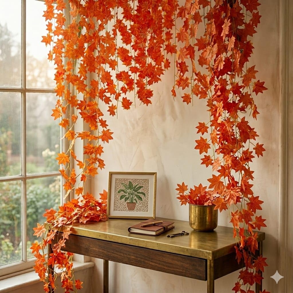 SAUDEEP INDIA Artificial Red Maple Leaf Garland Vine | 7.2 Feet Hanging Bel Creeper with Realistic Fall Leaves | Fake Ivy for Home Decor, Balcony, Garden, Wedding & Festival Decoration (3 Vines)-image-26