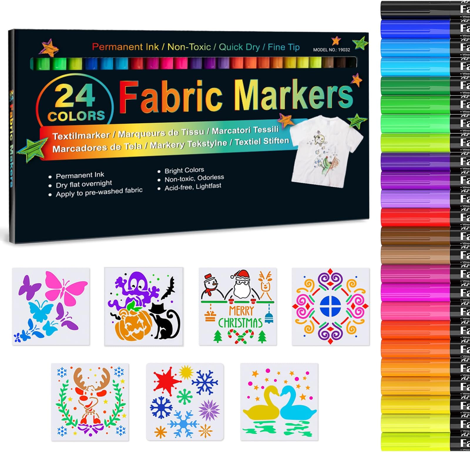 APOGO 24 Fabric Pens and 7 Stencils - Fabric Markers Fabric Pens Permanent for Clothes Tshirt Plain Tote Bags Canvas Shoe Textile Markers Fabric Paint Pens for Adults kids Crafts Kit