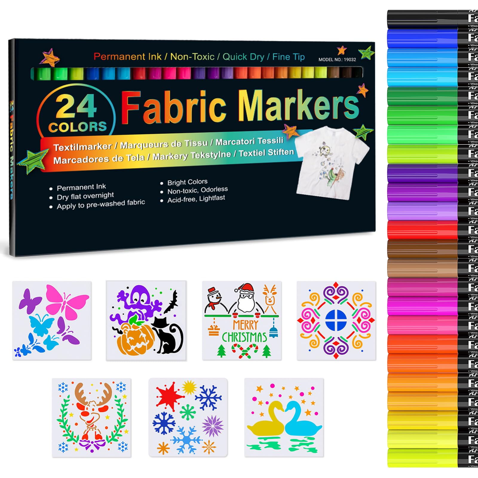 APOGO 24 Fabric Pens and 7 Stencils - Fabric Markers Fabric Pens Permanent for Clothes Tshirt Plain Tote Bags Canvas Shoe Textile Markers Fabric Paint Pens for Adults kids Crafts Kit