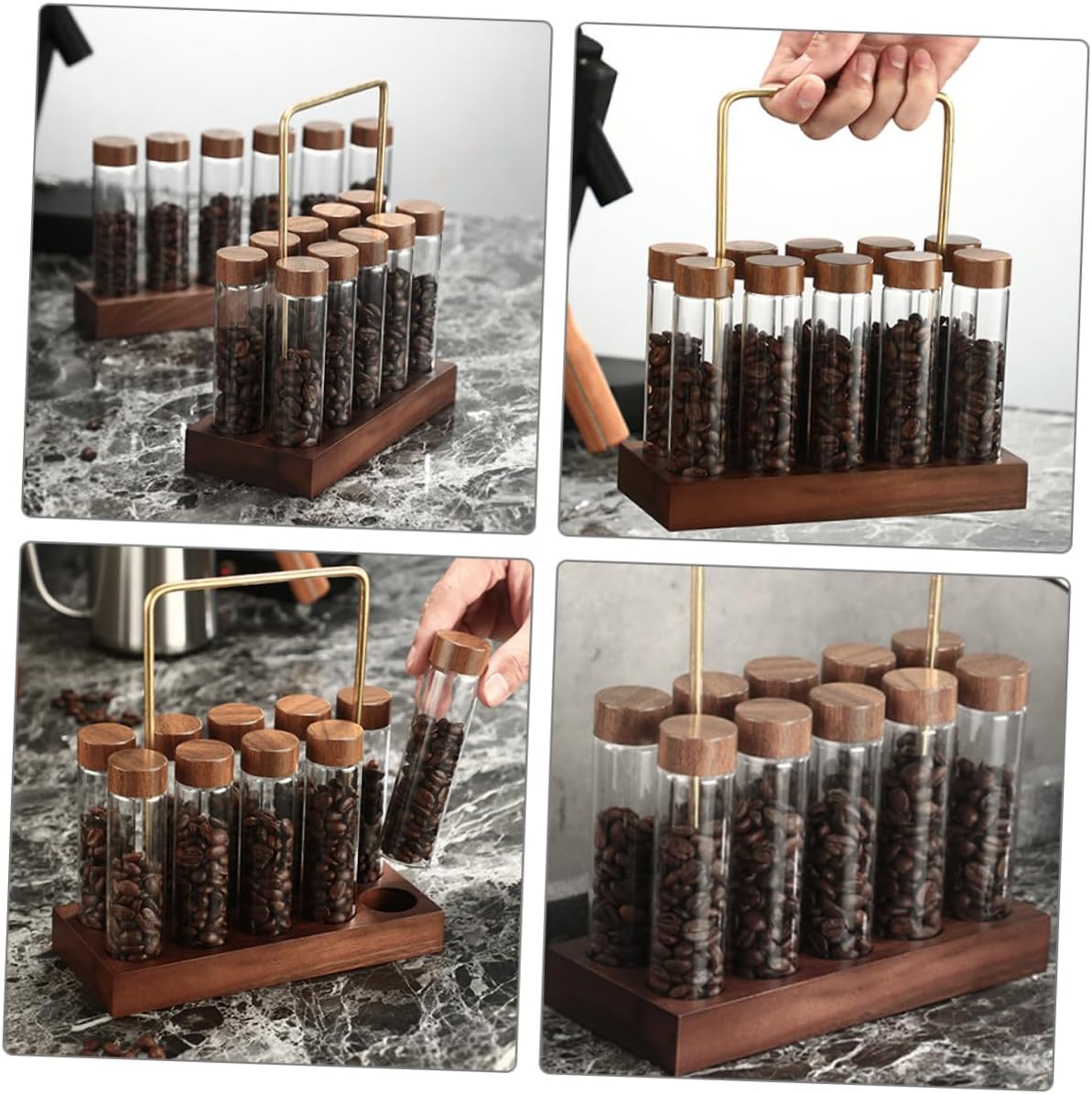 SECFOU Glass Coffee Bean Storage Tubes with Airtight Lids and Display Stand Sealed Vials for Freshness Preservation Multi-use for Spices and Herbs Glass Canisters for Home and Kitchen