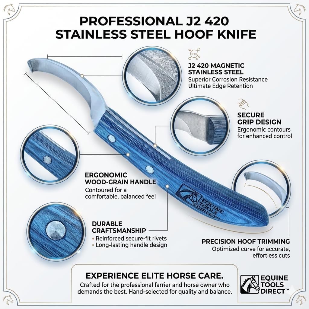 Curved Blade Hoof Knife, J2 420 Magnetic Stainless Steel, Right-Hand, Ergonomic Blue Handle, Professional Farrier Trimming Tool