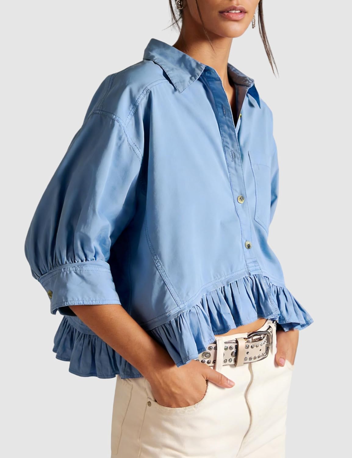 InterNos Womens Striped 3/4 Sleeve Blouse Loose V Neck Button Down Ruffled Hem Vertical Shirt Top with Pocket - Image 4