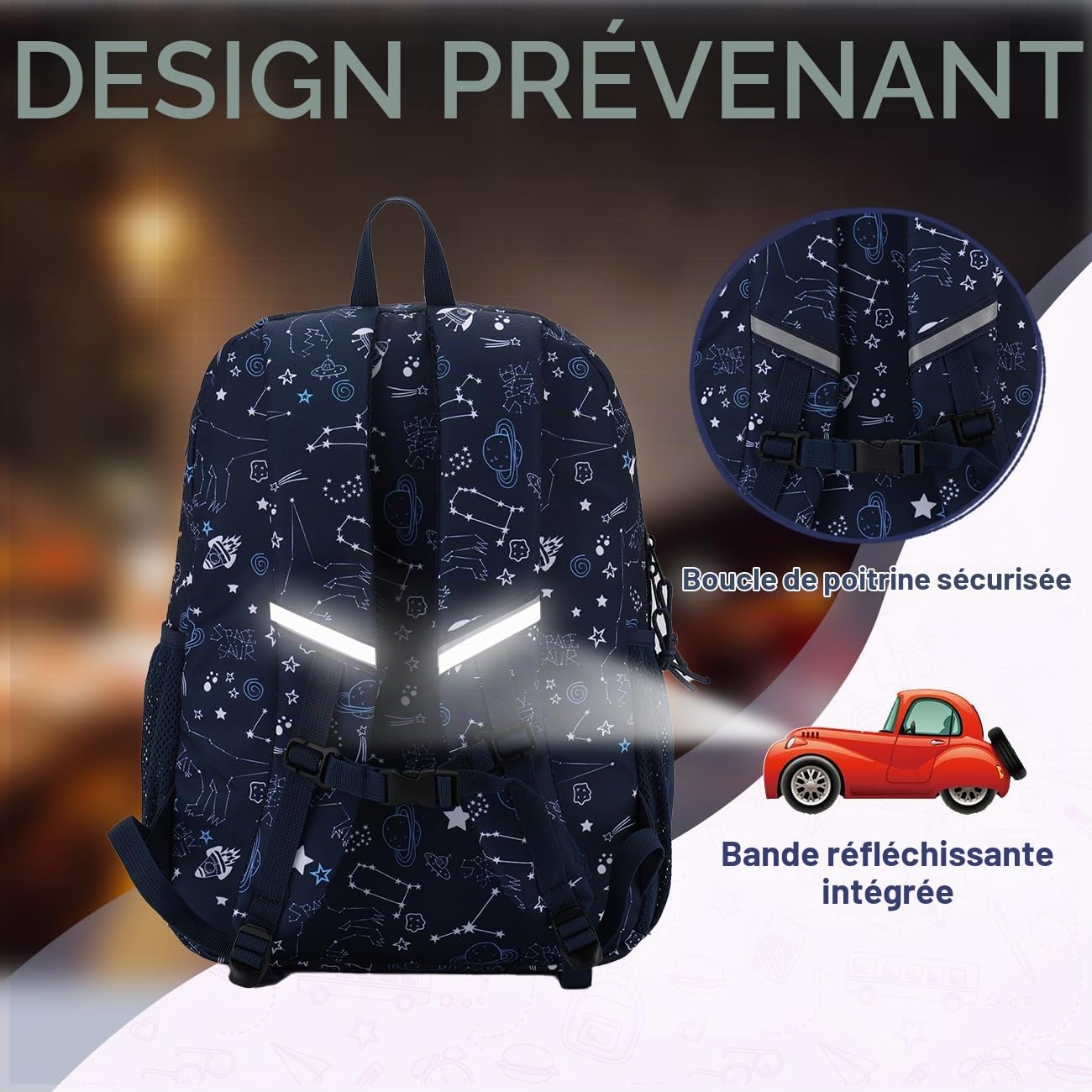 VASCHY Cartable Fille Garçon Primaire, Poches Multiples 2 en 1 Set de Sac à Dos Enfant Scolaire 6 à 9 Ans Grande Capacité Sac d'École avec Sac Repas pour Voyage Randonnée Univers Bleu