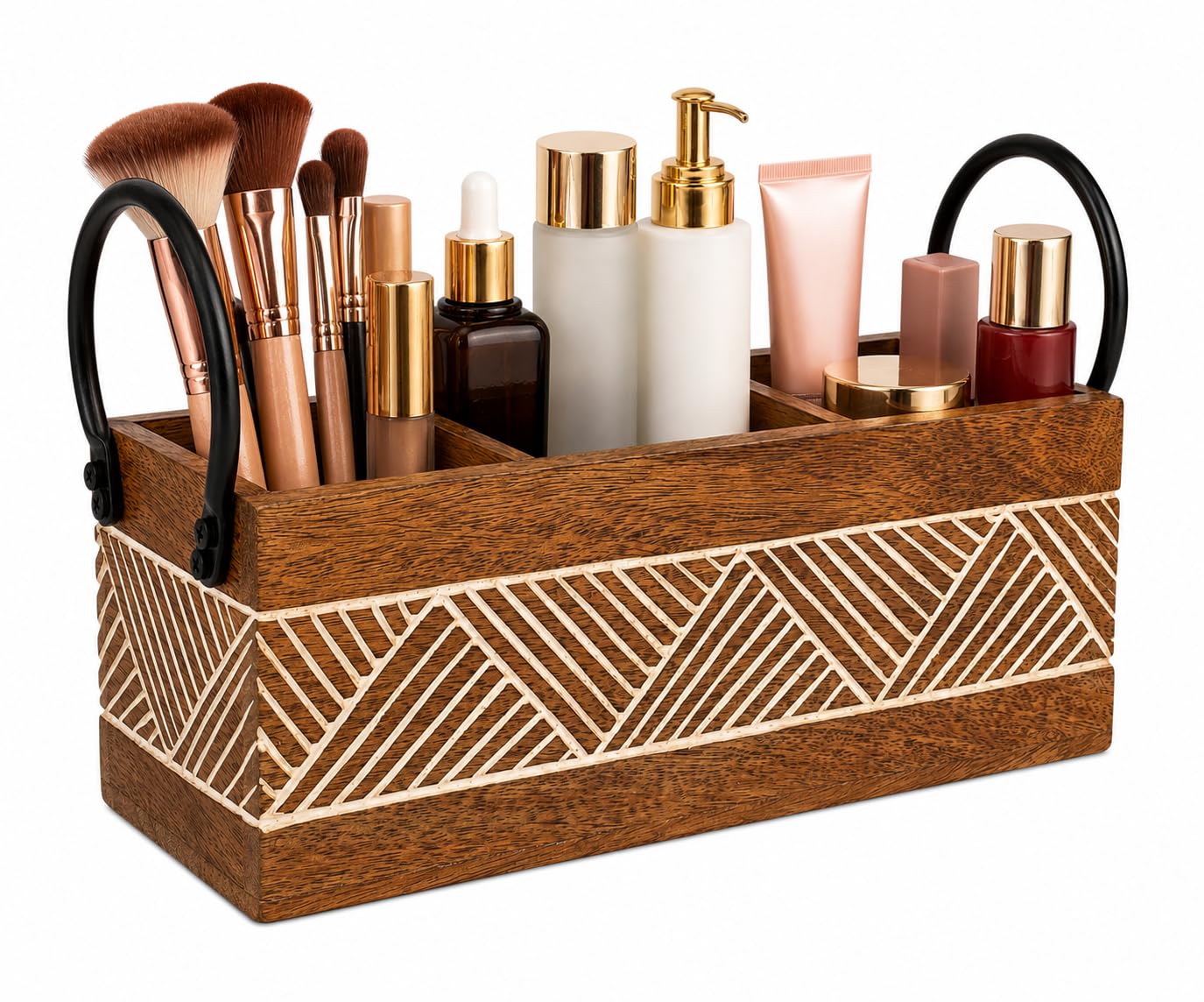 Craft Expertise Wooden Bathroom Cosmetic Organizer | 3 Compartment Makeup Organizer for Vanity | Bathroom Countertop Cosmetic| Skincare, Makeup Brush Organizer | Brown | 11 x 4 x 4 Inches-image-7
