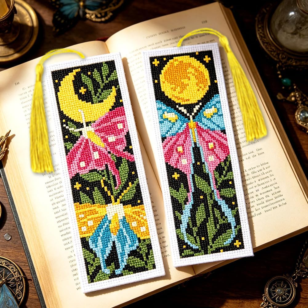 ORIGACH 6 Set Celestial Moon Moth Cross Stitch Bookmark Kit with Tassel