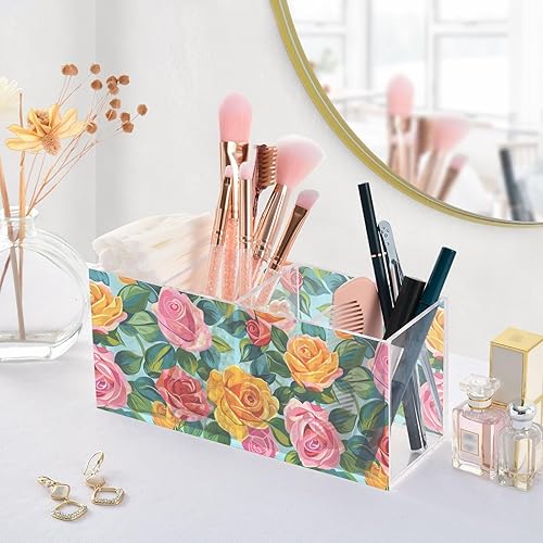 Miniatura 5 de CHIFIGNO Vintage Rose Flowers Acrylic Pen Holders 4 Compartments Pencil Pen Holder for Desk Makeup Brush Cup Cute Pen Containers for Home, School,