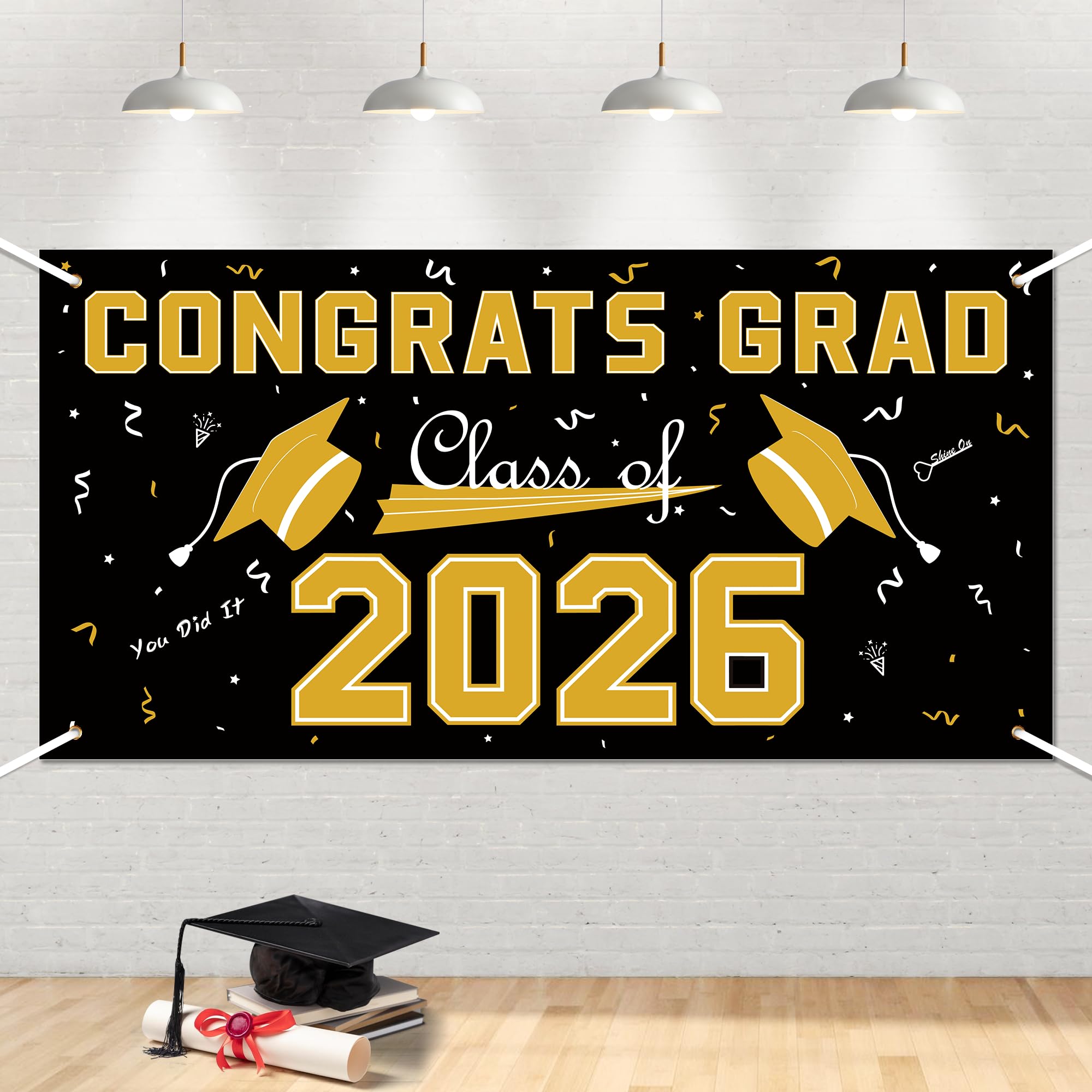Photo 1 of 2026 Graduation Decorations - Black Gold Polyester Graduation Backdrop - Graduation Party Decorations - Congrats Grad Banner - Graduation Decorations Class of 2026 2027,Graduation Party Favors Supplies Yard Sign