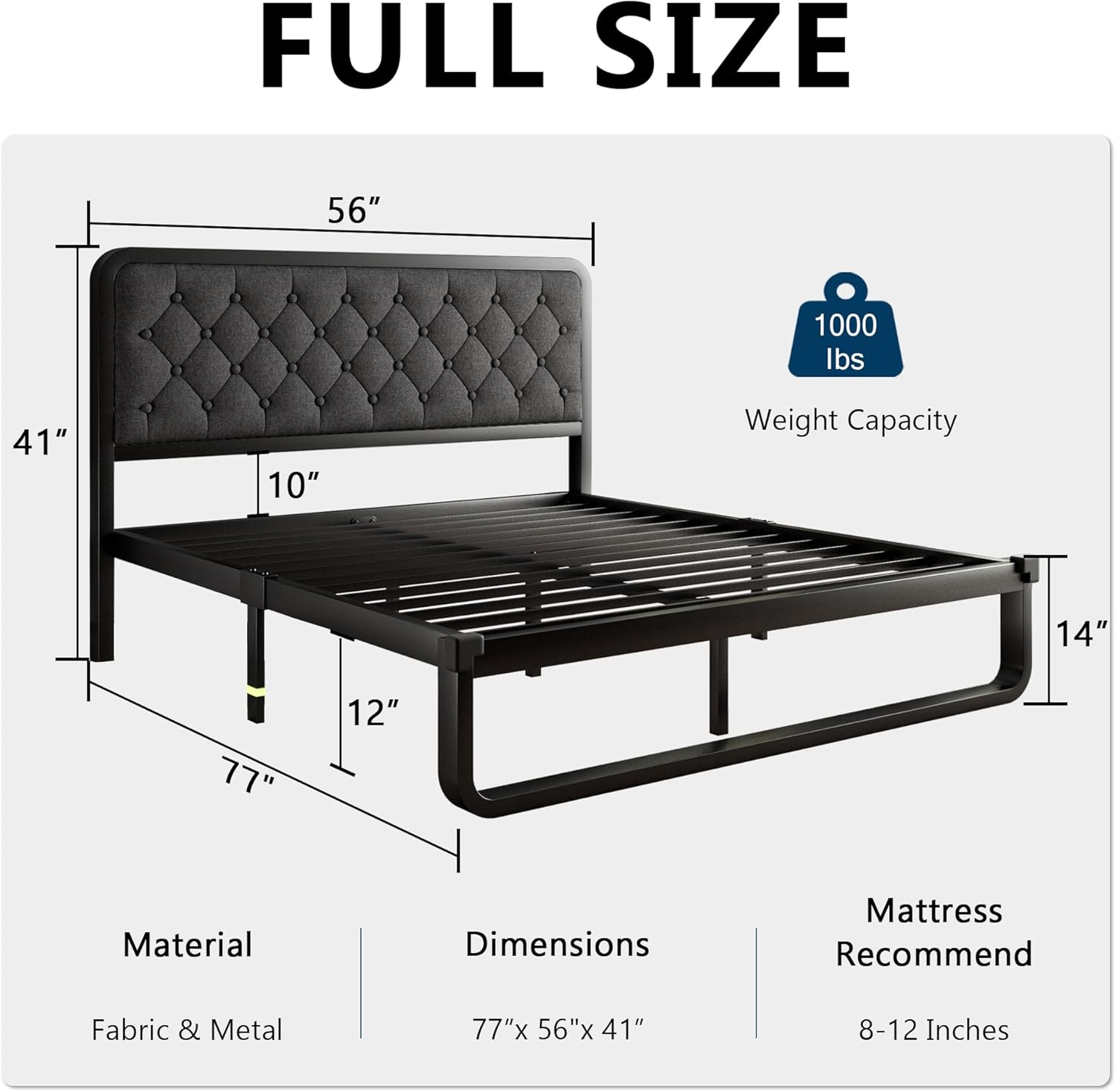Full Size Bed Frame, Curved Metal Platform Bed Frame with Linen Upholstered Headboard, 12 Inch Under-Bed Space, No Box Spring Needed, Easy Assembly, Dark Grey
