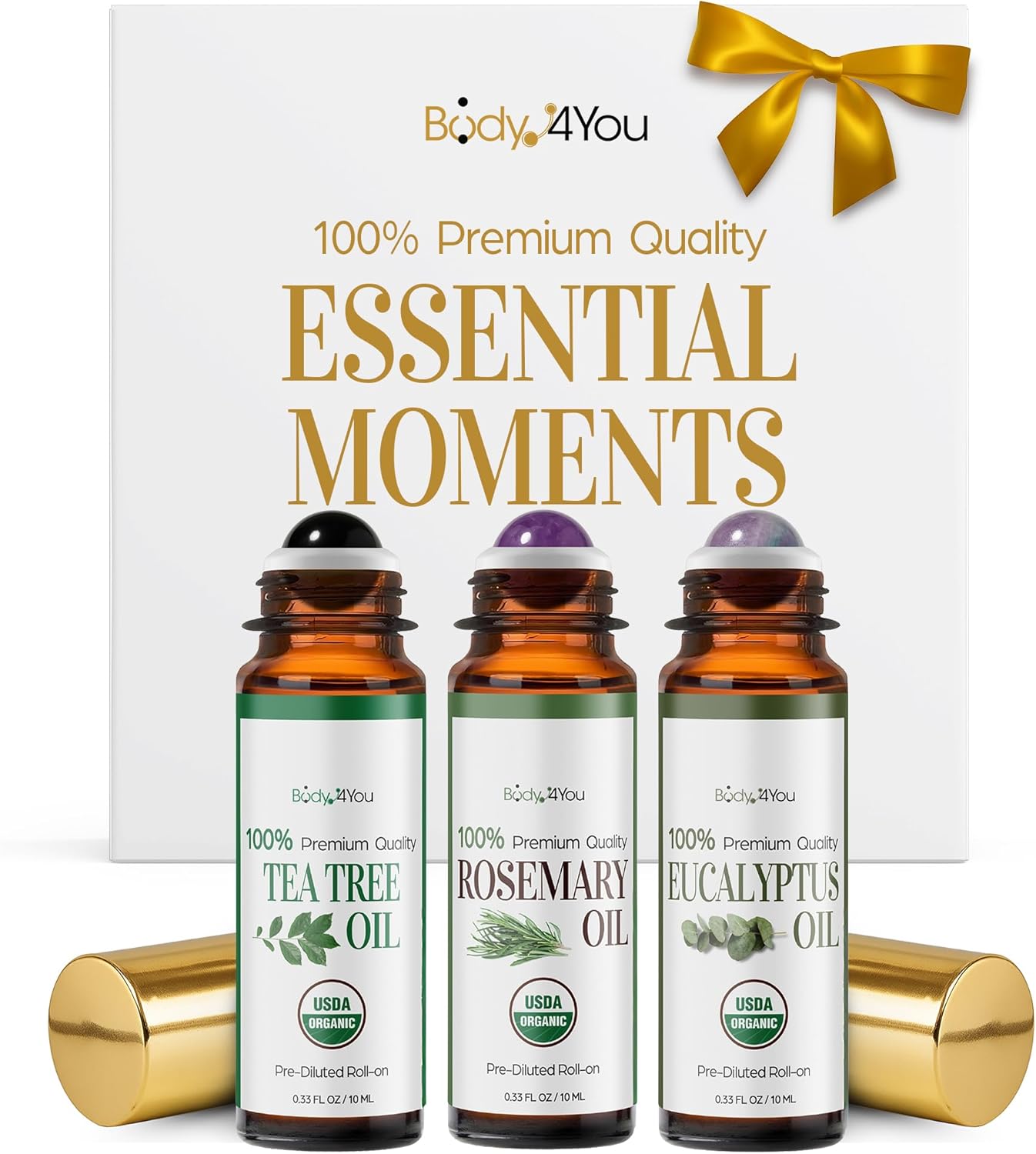 3PC Essential Oils Gift Set - Tea Tree Rosemary Eucalyptus - Pure 100% USDA Organic - Skin Scalp Hairline Roots Nails Breathwork - Temple Chest Wrist - Natural Stone Roller Amber Glass Bottle Gift Box