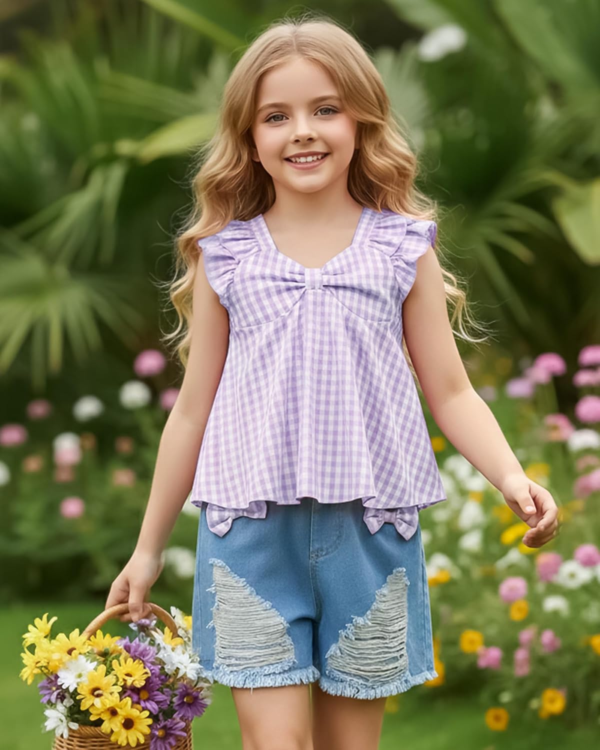 Jecson Girls Summer Clothes 2 Piece Set Girls Short Sets Cute Ruffle Sleeveless Top and Denim Shorts