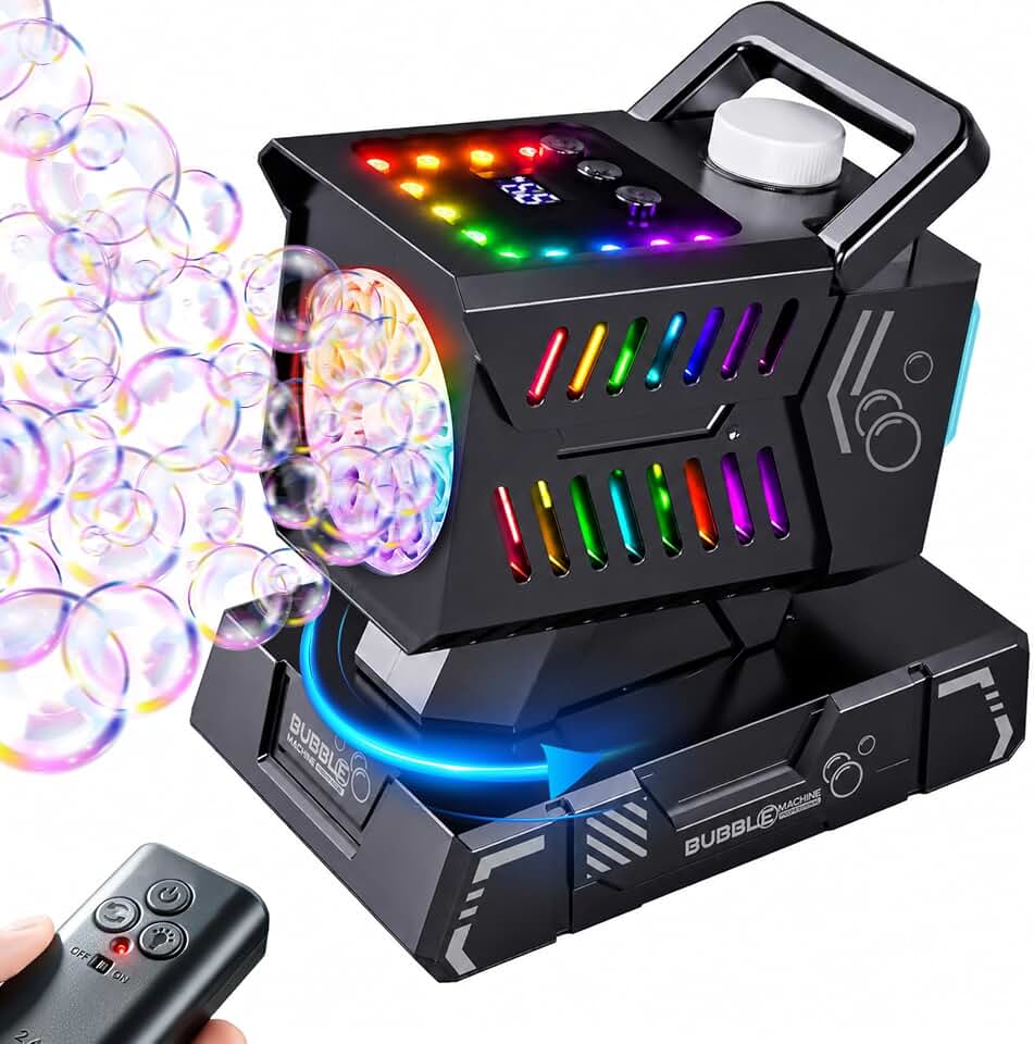 SHCKE Bubble Machine with Remote Control, Auto Rotation &amp; 11 RGB Lights | Rechargeable/USB-C,Top-Fill Portable Bubble Maker for Kids,Outdoor,Birthday Parties,Wedding,Camping,Pool Global Recycled Standard