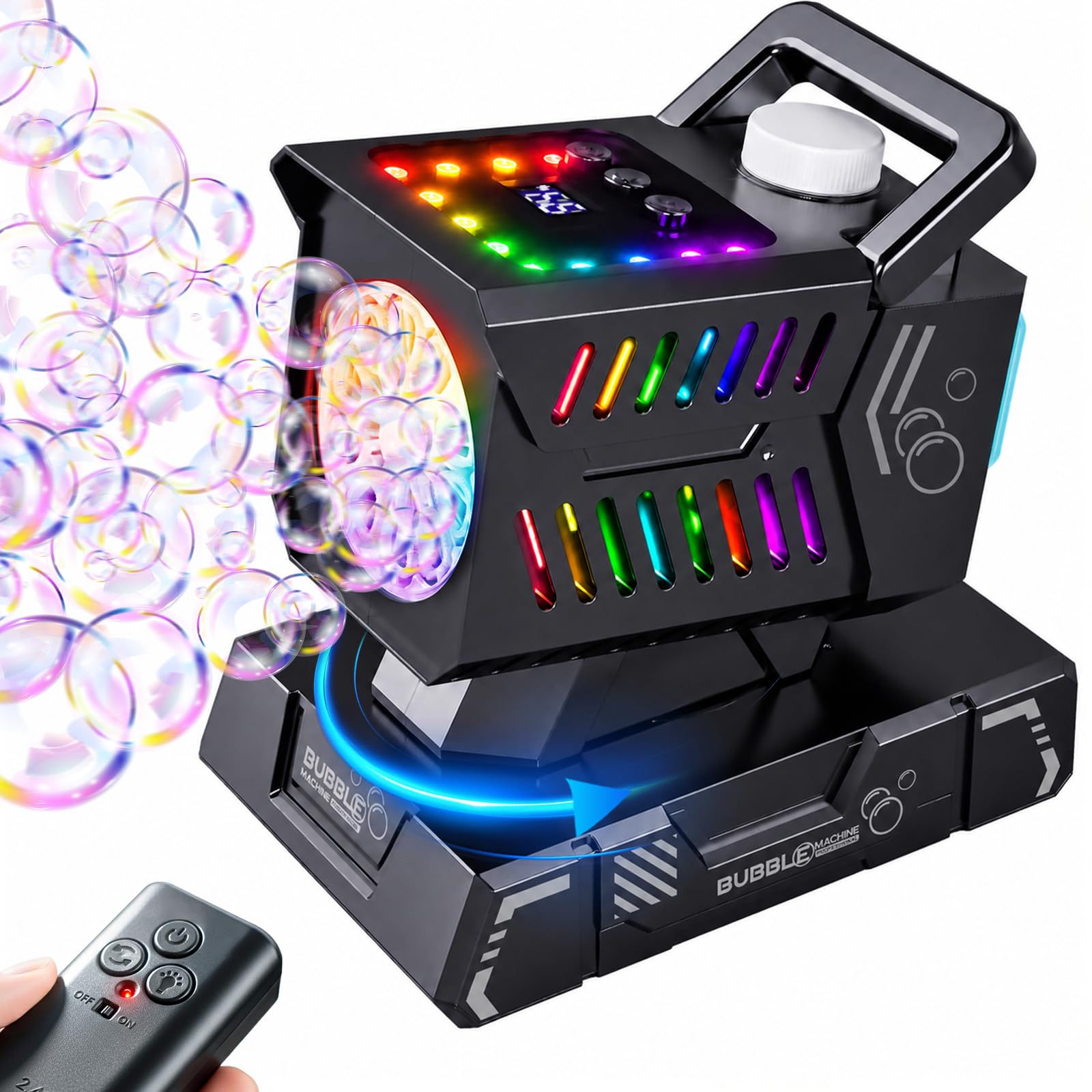 SHCKE Bubble Machine with Remote Control, Auto Rotation & 11 RGB Lights | Rechargeable/USB-C,Top-Fill Portable Bubble Maker for Kids,Outdoor,Birthday Parties,Wedding,Camping,Pool