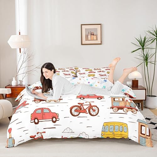Vista 17 de Feelyou Juego de ropa de cama de coche de dibujos animados para niños y niñas, juego de funda de edredón de coche vintage, funda de edredón de tren