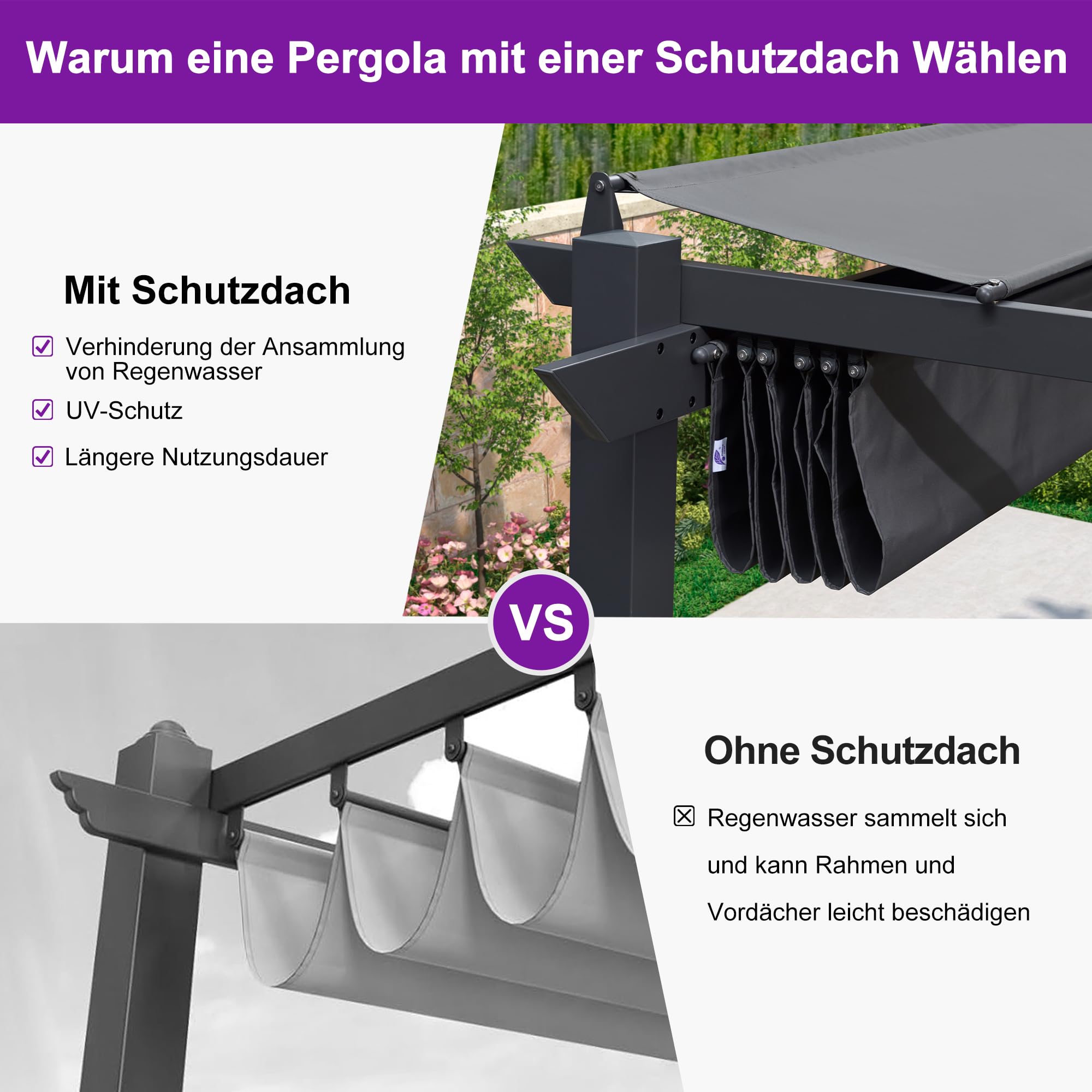 PURPLE LEAF Garten Pergola 3 x 4 m, Pavillon Aluminium Wasserdicht Sonnendach mit Schiebedach, Terrasse Pergola mit Markisenschutz, UV Beschattung, Grau