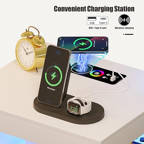 Miniatura 4 de Juego de 2 mesitas de noche inteligentes con luces mesita de noche LED con estación de carga, mesas de sofá con sensor humano y cajones para