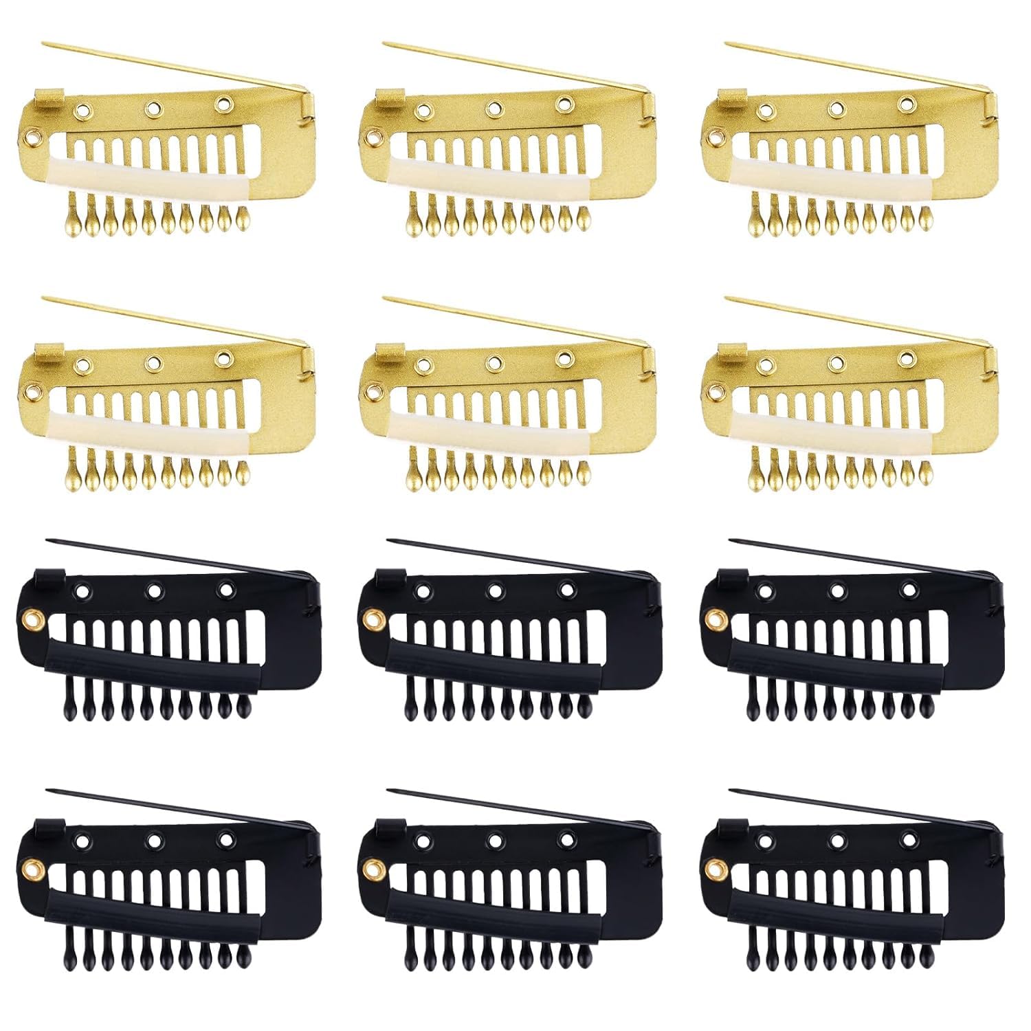 ADORNISH 6 Wig Clips with Safety Pins, 10-Teeth Hair Extension Combs, Invisible Snap Grips for Headscarf, Dupatta, Hijab (6 pin (3 gold 3 black))