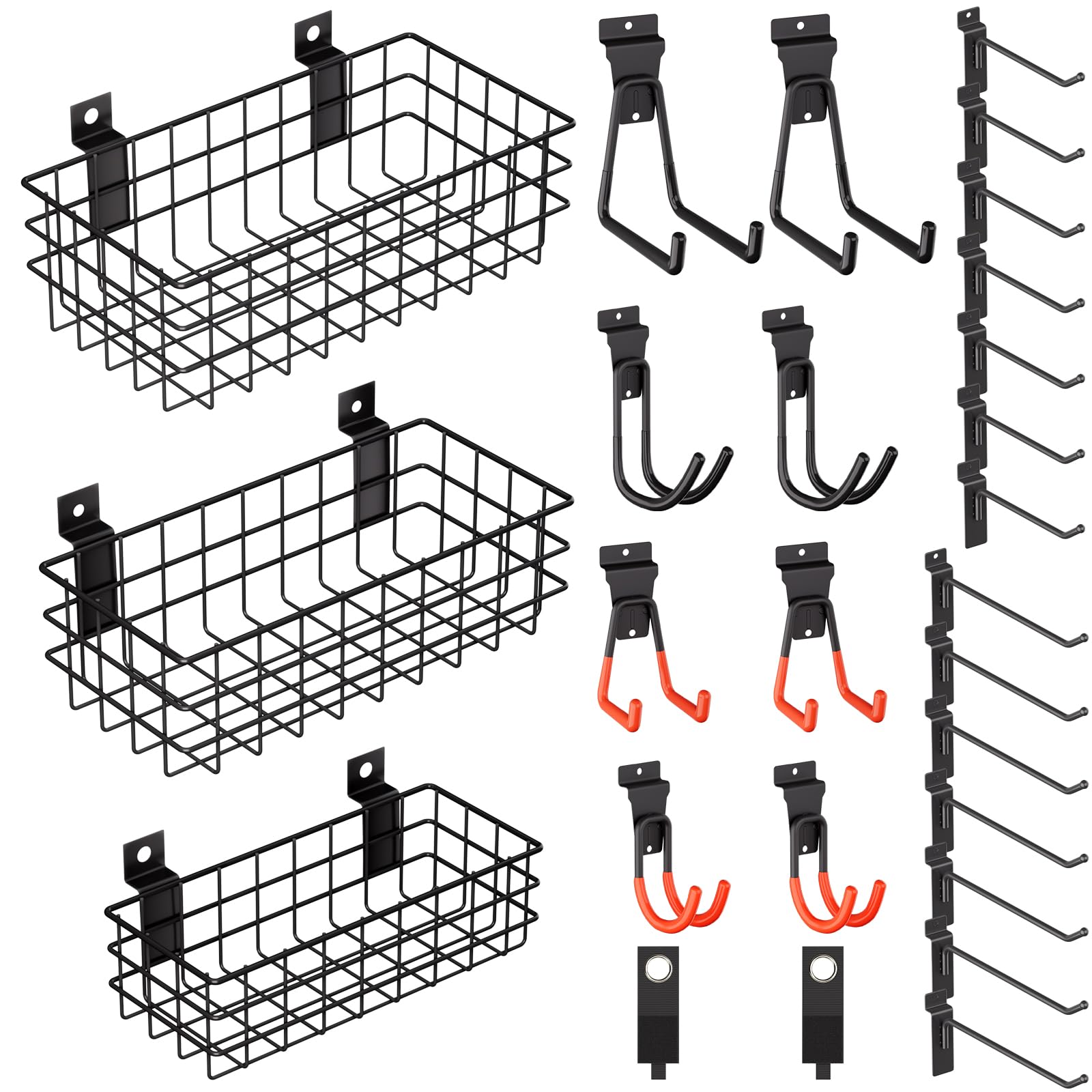 Photo 1 of INCLY 27PCS Slatwall Accessories Kit, Includes 3 Pack Ventilated Metal Wire Slat Wall Baskets, Multisized Heavy Duty Slatwall Hooks and Storage Strap for Room Workshop Garage Organization