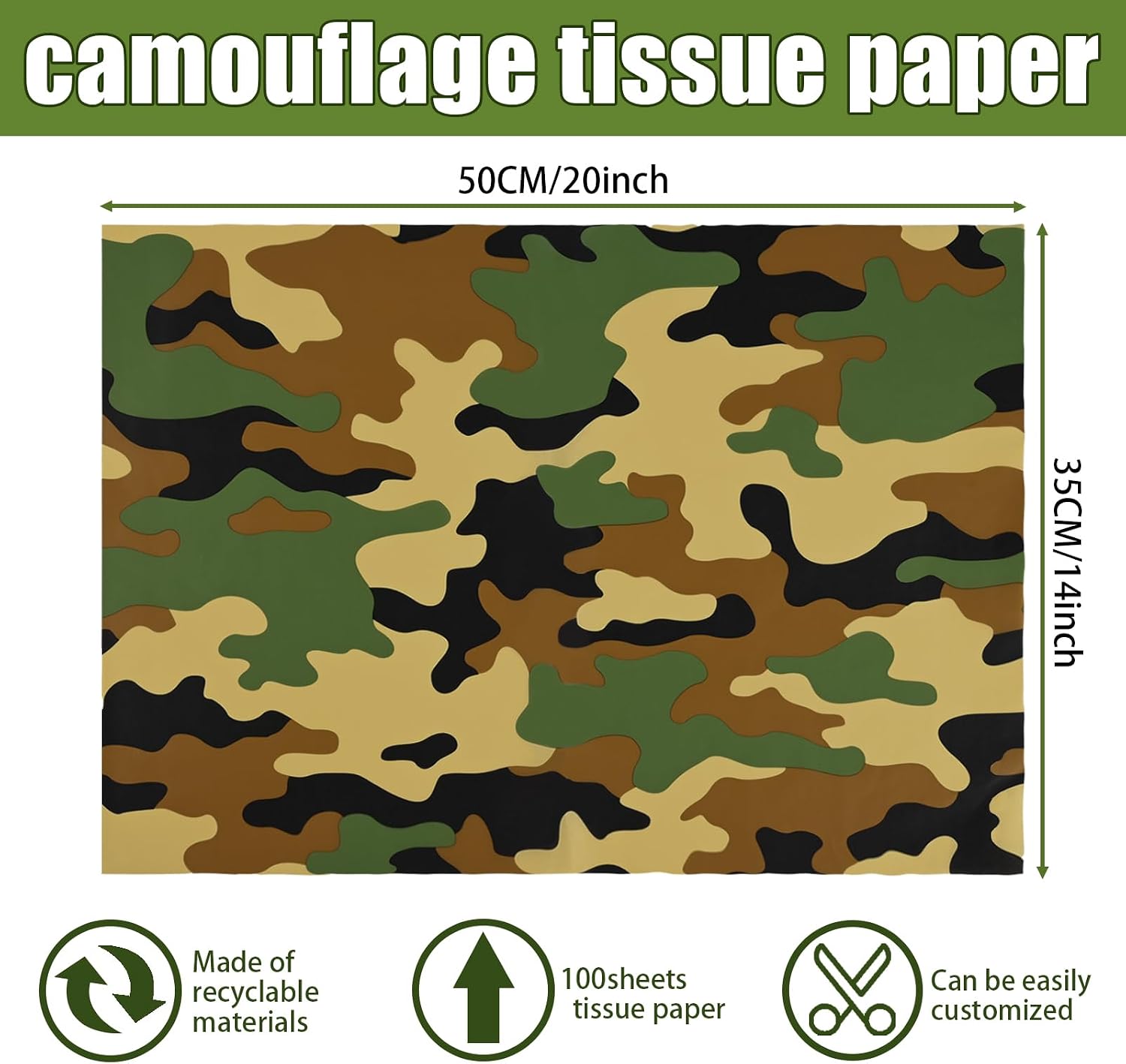100 Sheets 20 * 14 Inches Camo Tissue Paper for Gift Wrapping, Green Black Camouflage Tissue Paper for Gift Bags for Birthday Camping Themed Party Retirement Hunting Party DIY Craft