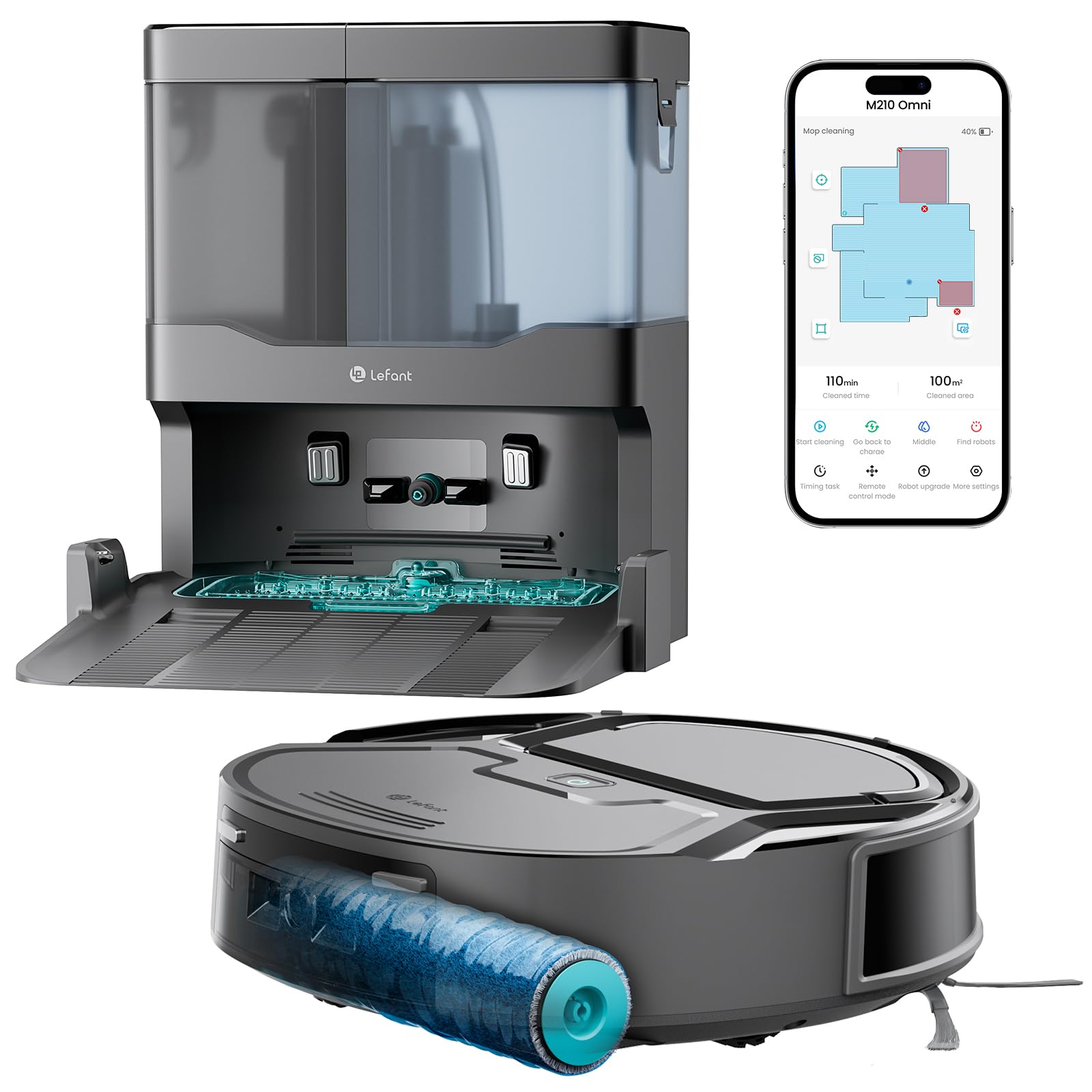 Lefant M210 Omni Robot Aspirapolvere Lavapavimenti,Anti Groviglio,20.000Pa | Mini Robot Aspirapolvere con Rullo ad Acqua, Base Autopulente, 85mm, 800ml, 2.4G WiFi, Mappatura ToF, Alexa, Bianco