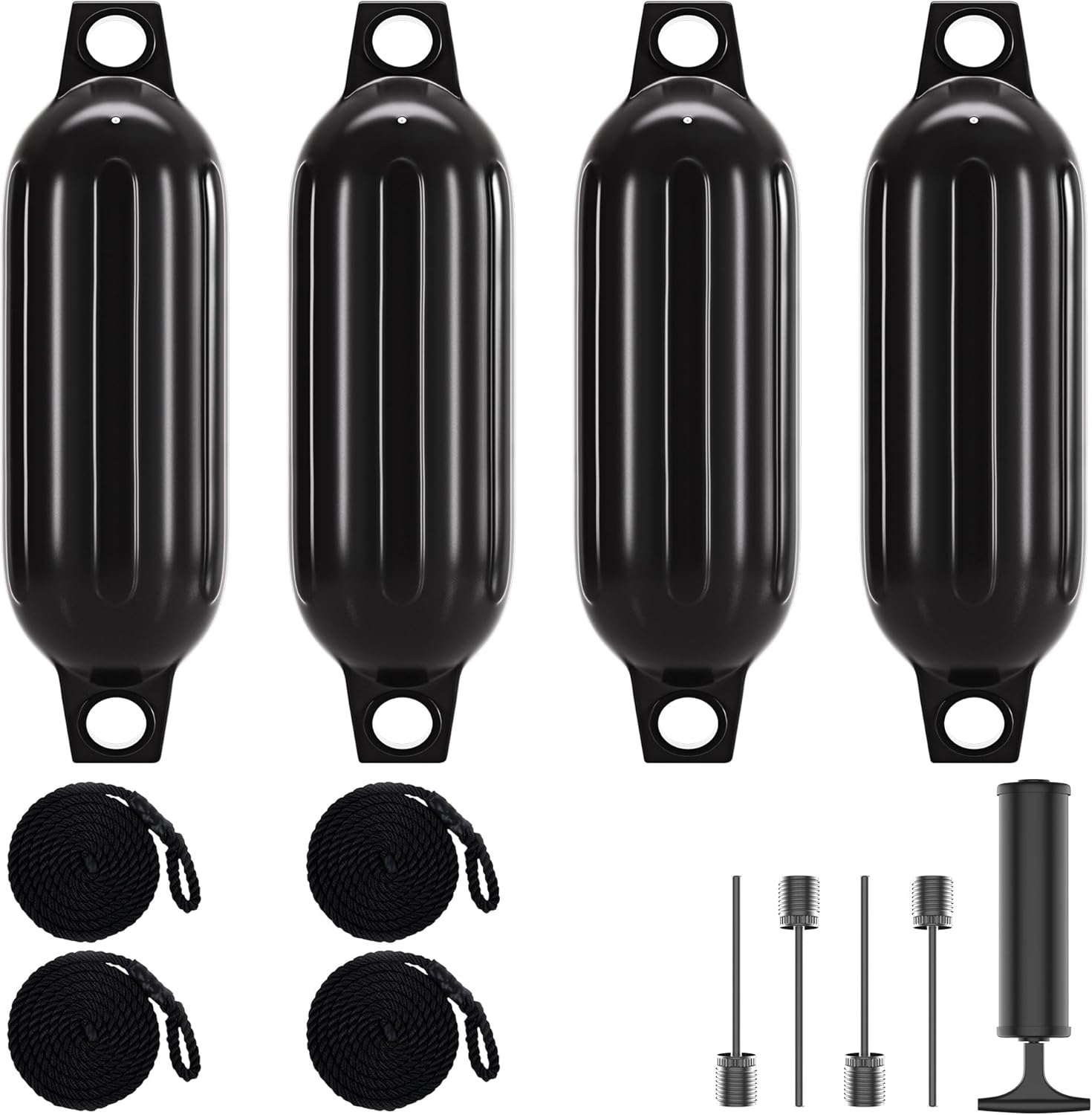 Boat Fenders 2 Pack,for Docking, Inflatable Cylindrical Twin Eye Ribbed Comes with Ropes Boat Fenders