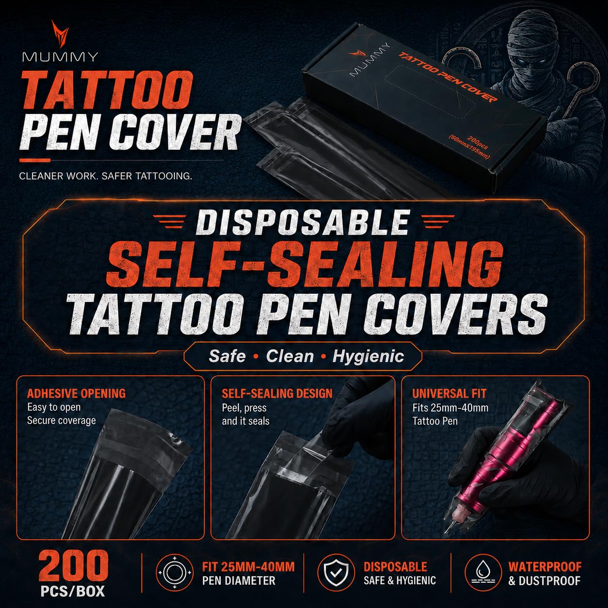 Mummy 200pcs Tattoo Pen Machine Covers, Self-Adhesive Disposable Bags | Self-Adhesive Seal Pre-Punched Hole Disposable Protection Universal Pen Fit Easy Setup & Clean Use
