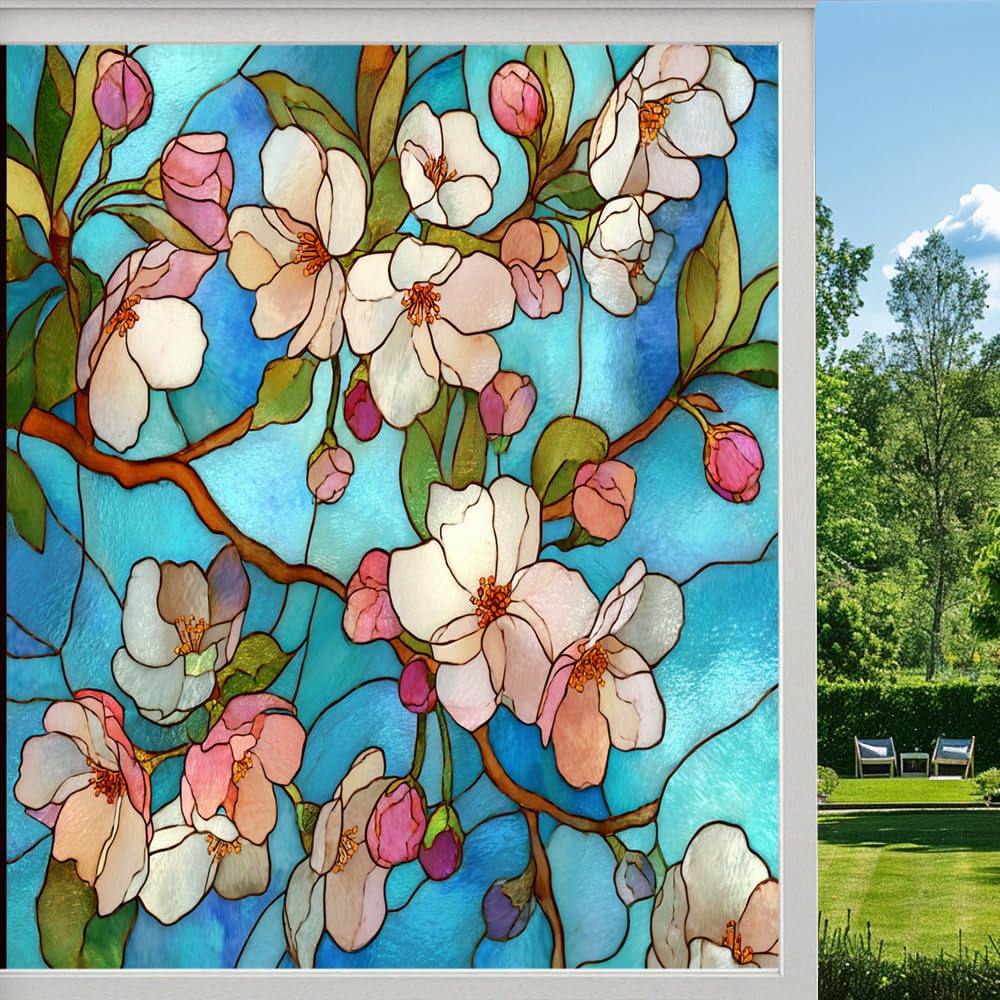 Cherry Blossom Tree Stained Glass Window Film, Natural Flowers Colorful Plant Peel and Stick Privacy Film, Frosted Adhesive Vinyl Decorative for Bathroom Windows Glass Doors, （45x60cm）