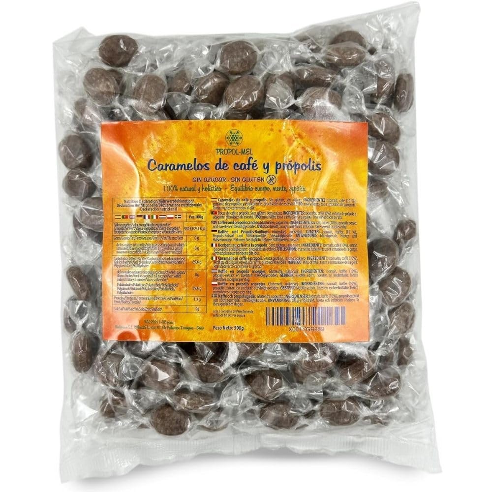 Propol-Mel - Cukierki z Kawią i Propolisem 500g | Bez Cukru | Bez Glutenu | Ręcznie robione w Hiszpanii | Pielęgnacja jamy ustnej i gardła | Intensywny smak kawy i propolis | Na nieświeży oddech
