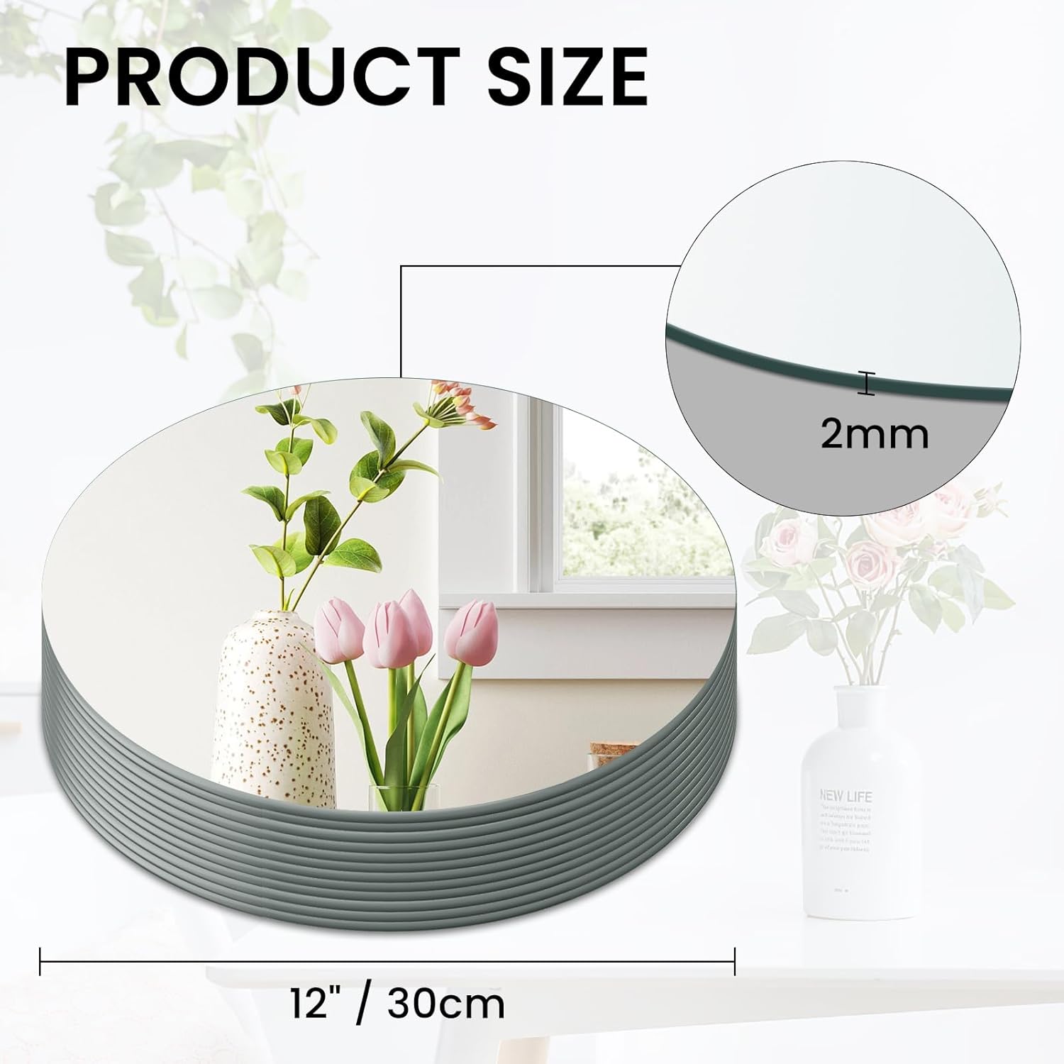 12" Round Mirror Centerpieces for Tables, 12Pcs Glass Mirror Trays for Wedding, Party, Christmas Decorations, Mirror Candle Plates with Polished Edges & Non-Slip Feet