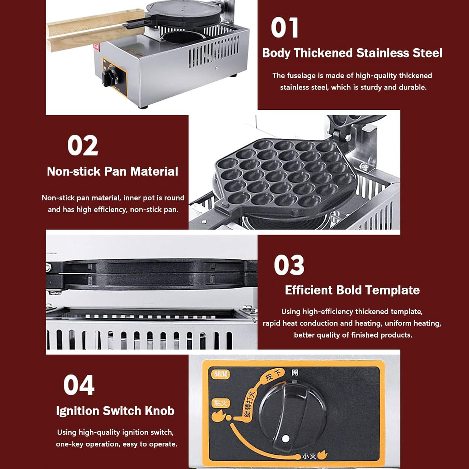 Commercial Belgian Waffle Maker Gas Waffle Iron Nonstick Restaurant Waffle Cones Maker Machine Waffle Bowl Maker with Nonstick Coating & Easy to Clean for Home Restaurants,A