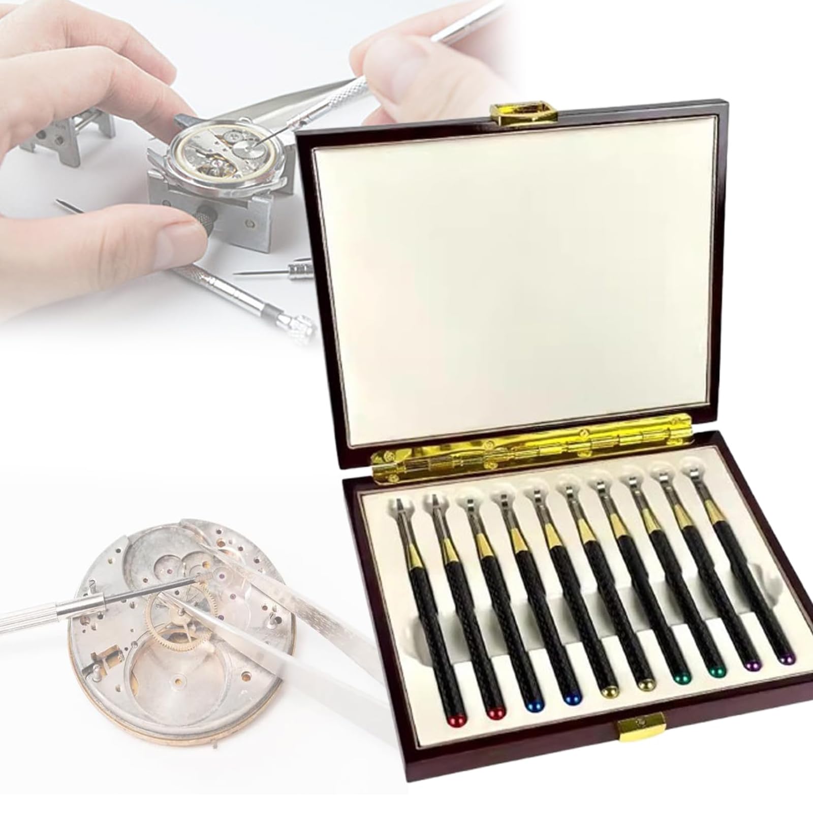 Kit de herramientas de reparación de relojes, removedor de manecillas de reloj, 10 tallos de reloj (116 mm), pala de aguja para profesionales, herramientas esenciales para relojería y reparaciones