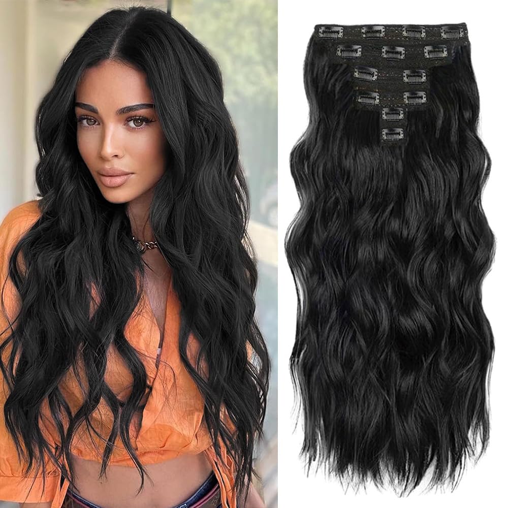 6Pcs Clip in Hair Extensions 20 Inch Long Wavy Synthetic Double Weft for Women (6Pcs, 20Inch, 1B#)