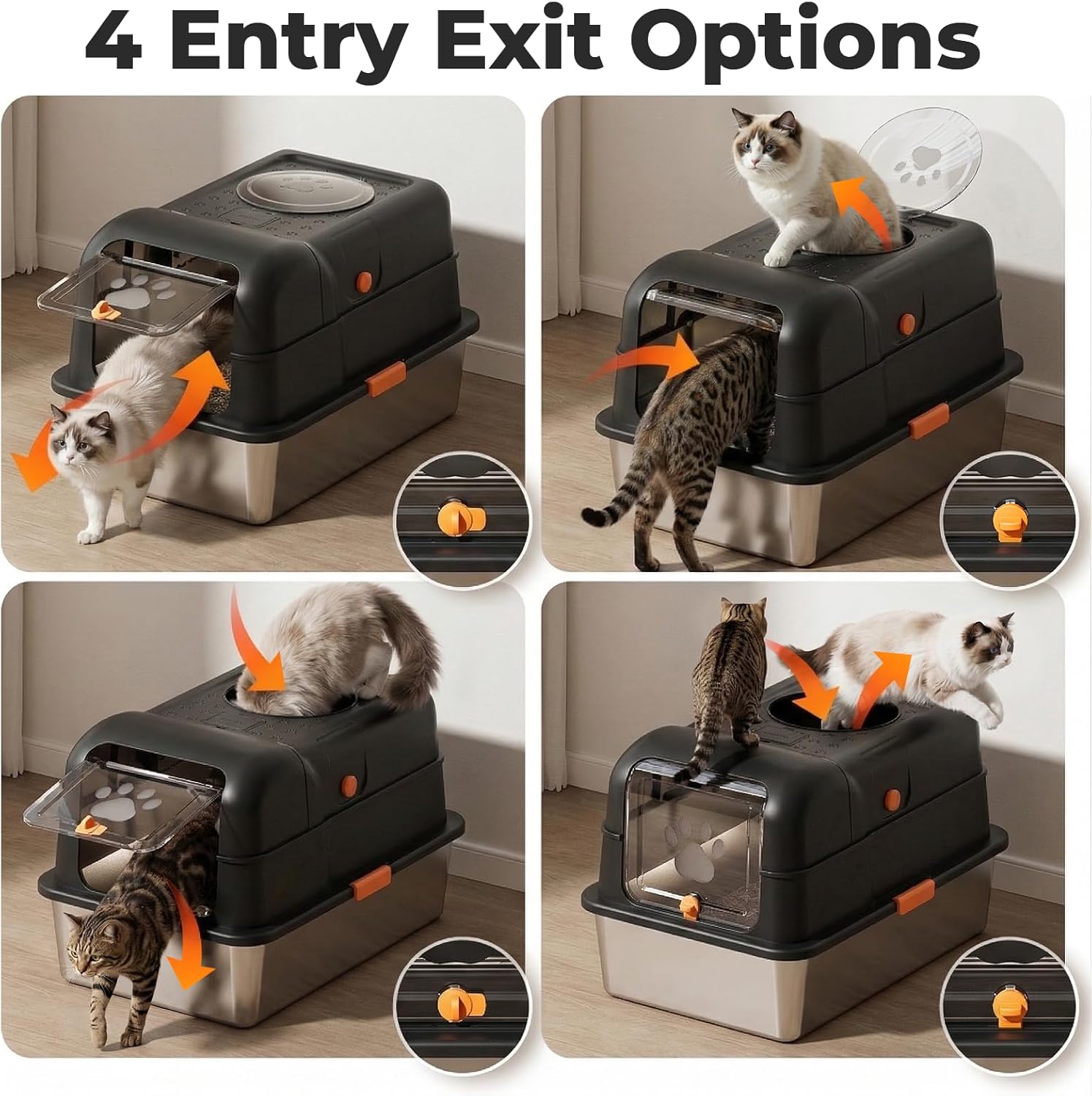 24″Lx16″Wx15″H Non-Stick Stainless Steel Litter Box with Lid, No-Mess Odor Control Anti-Leak Cat Litter Box, 3-in-1 Fully Enclosed High-Sided Litterbox with Flip Top (Black)