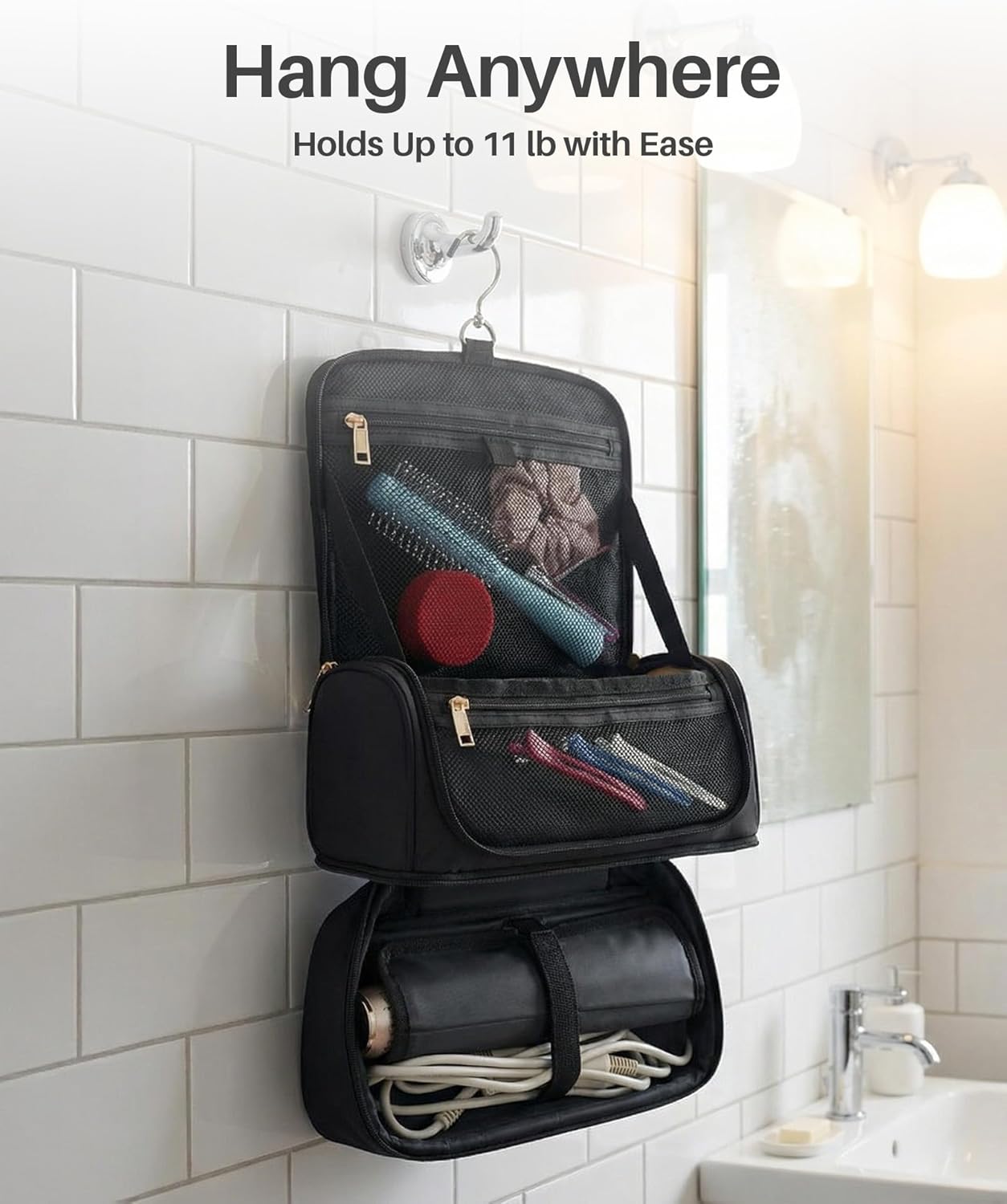 Hanging Hair Tool Organizer for Dyson Airwrap and Shark FlexStyle, Water-Resistant Travel Case with Removable Divider, Storage Bag for Attachments, Black