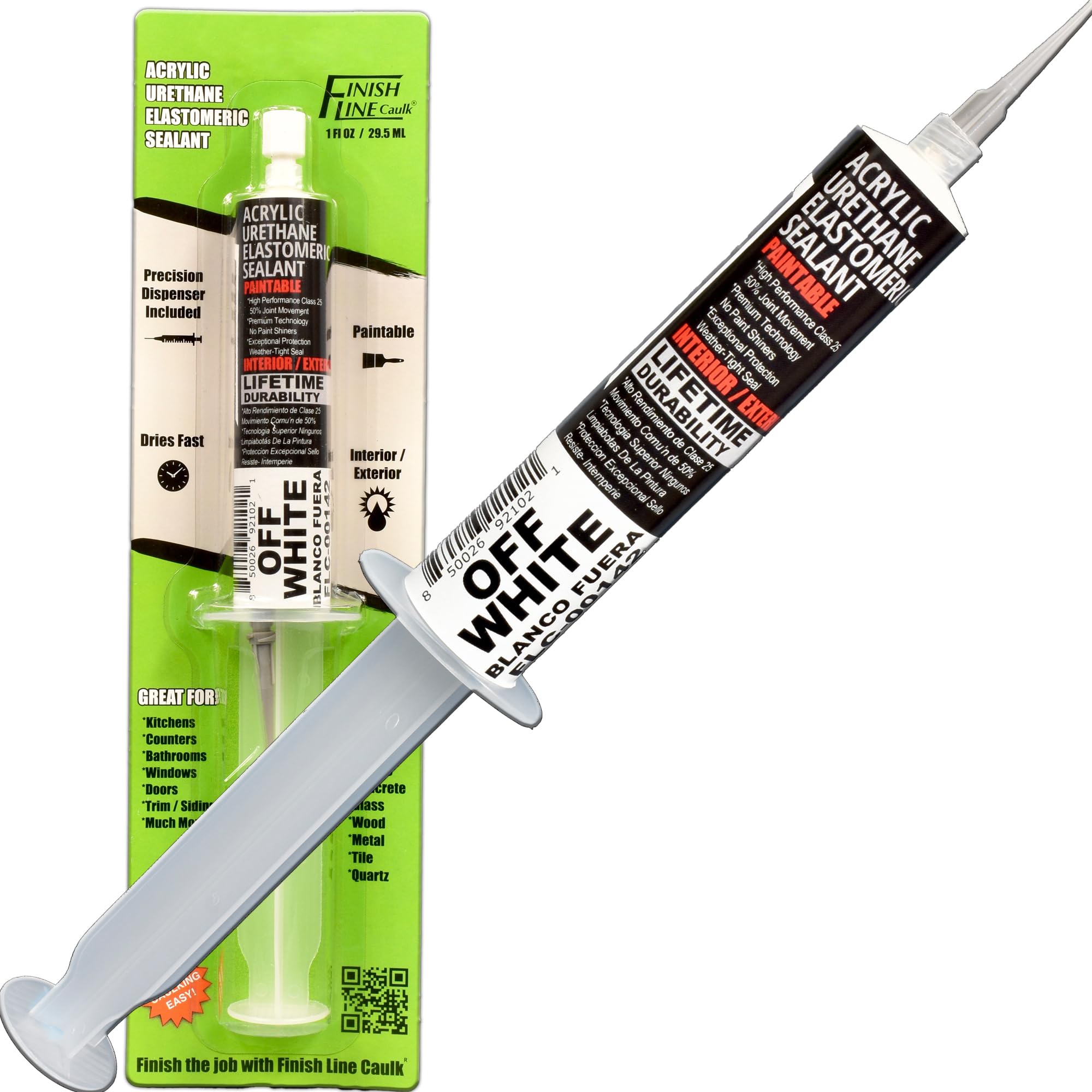 Finish Line Caulk – Acrylic Urethane Elastomeric Sealant – Pre-Filled Precision Caulk Gun – Off-White – 1 oz Tube – Flexible & Durable Sealant for