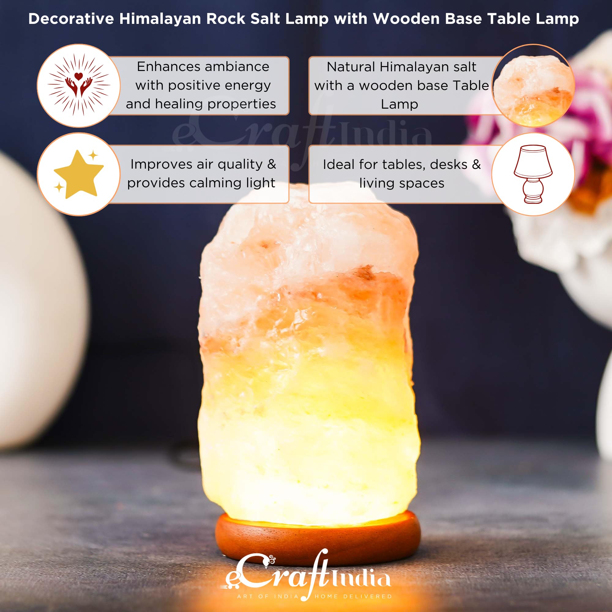 eCraftIndia Decorative Himalayan Rock Salt Lamp with Wooden Base - Table Lamp for Positive Energy, Healing, Vastu & Home Decoration - Gift for Diwali, Christmas, Birthdays, Housewarming, New Year 4