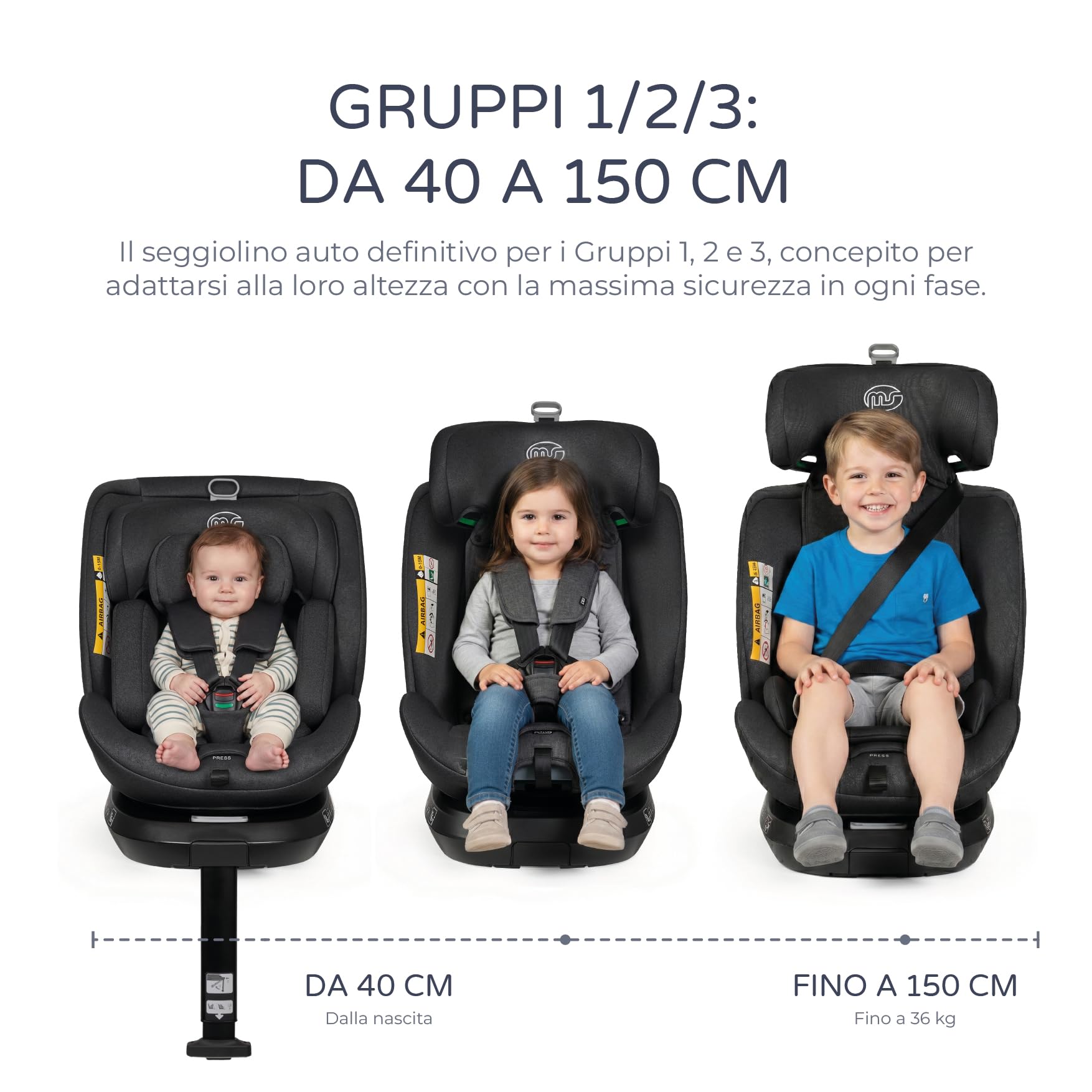MS BabyWorld – DENVER e CAPRI – Seggiolino auto I-Size Gruppo 0/1/2/3 | 40-150 cm | Isofix e Top Tether | Dalla nascita ai 12 anni (0-36 kg) | Senso contrario di marcia fino a 18 kg | Universale 360º