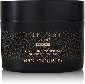Lumiere de Vie Hommes Refreshing Toner Pads - Exfoliating & Moisturizing, Smooths Complexion, Maintains Elasticity, Paraben-Free, with Witch Hazel, Hyaluronic Acid & AHA, Single Jar 60 Pads