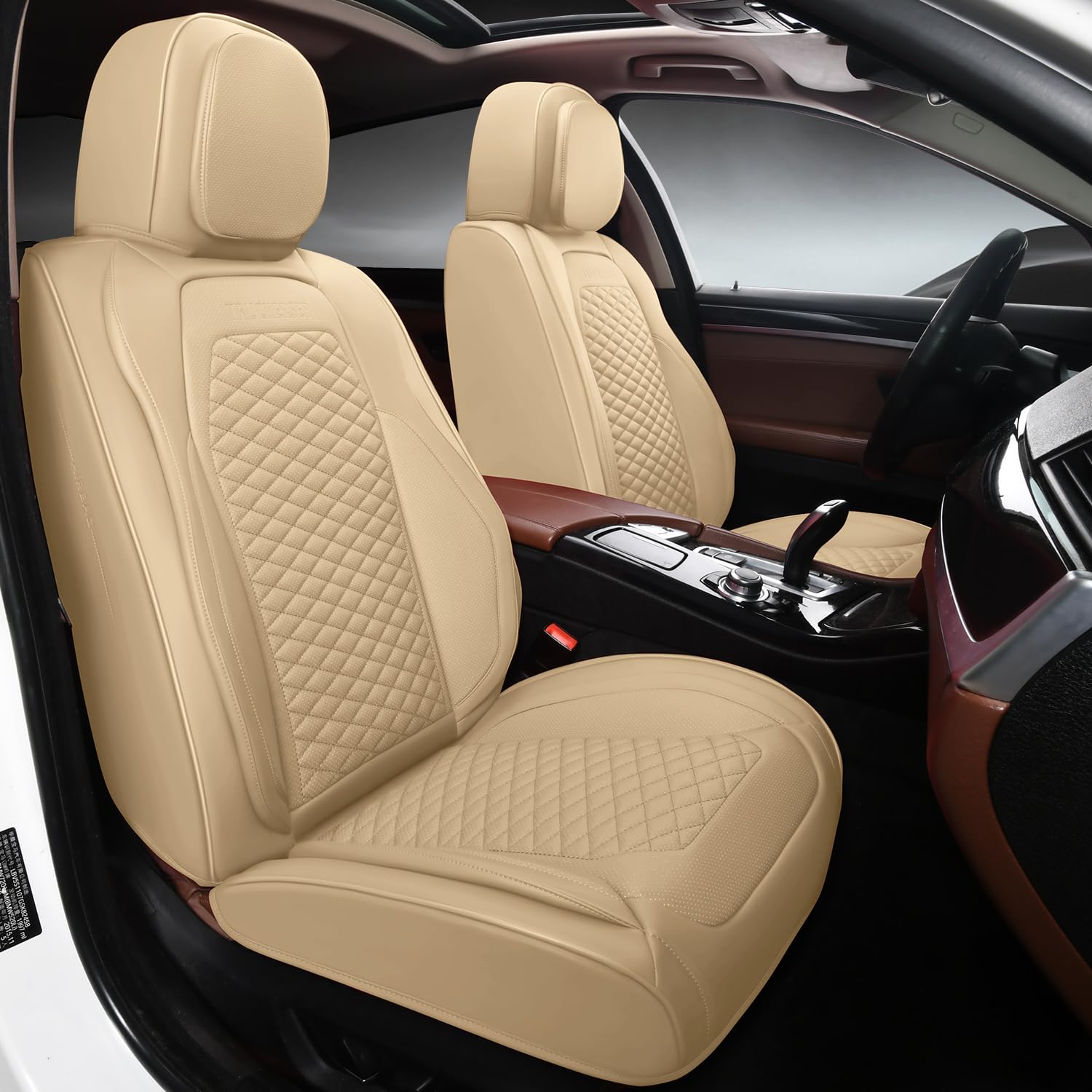 Car Seat Covers Full Set, Leather Seat Covers for Cars, 2 Packs Breathable Seat Cover, Suitable for SUV/Truck/Sedan/Automotive (Beige)