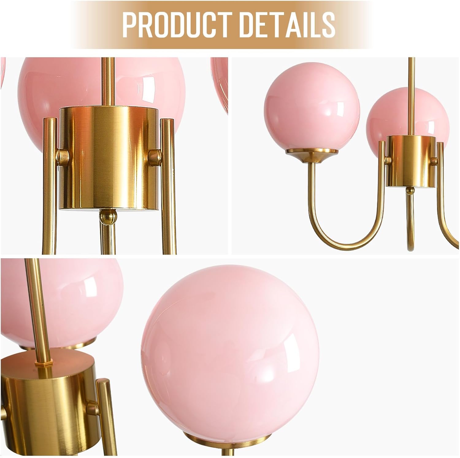 Mid Century Pink Bubble Chandelier, 3 Lights 16in Sputnik Chandeliers for Girls Room, Brass Gold Chandelier Hanging Light Fixture for Bedroom Nursery Room Dining Room Kitchen Island