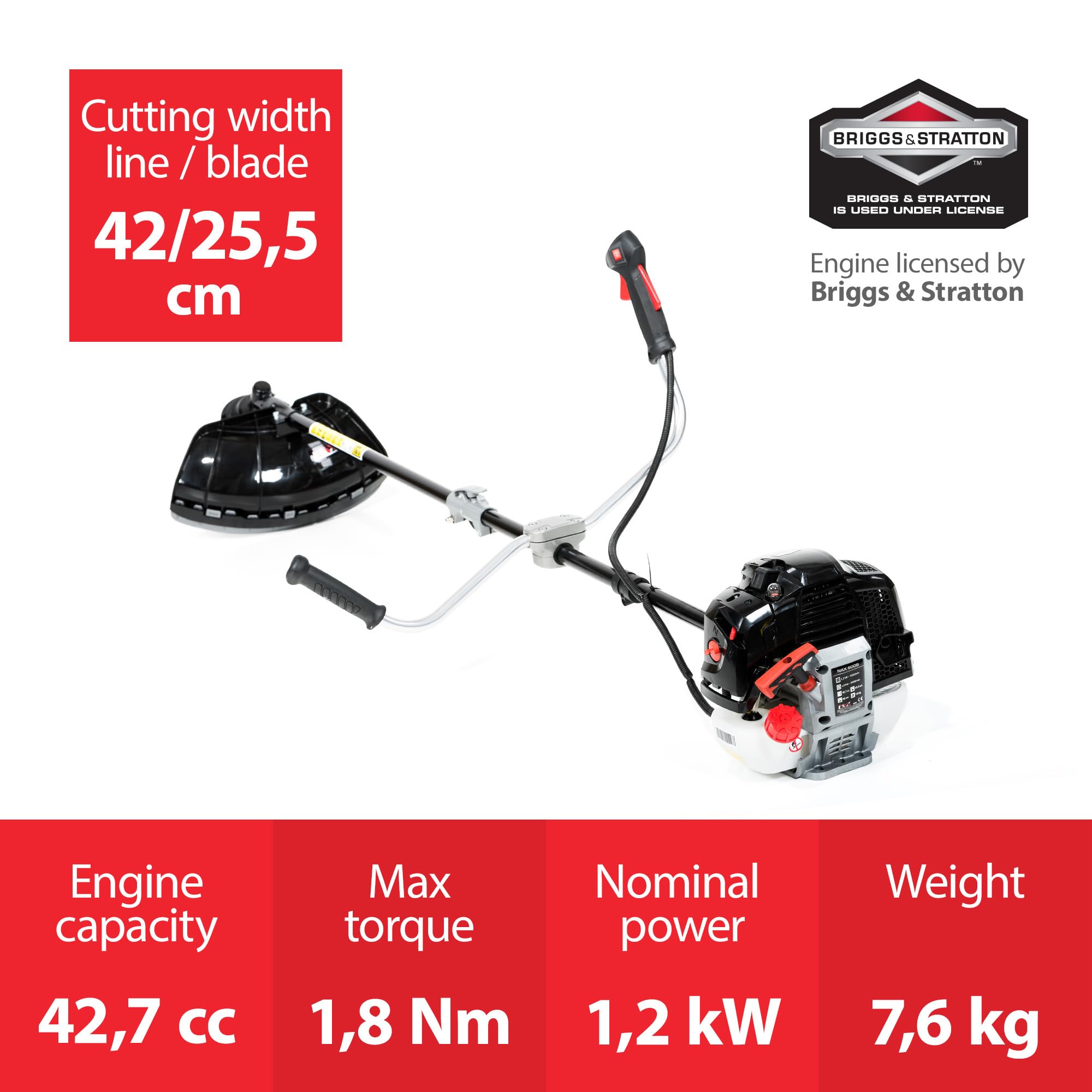 NAX POWER PRODUCTS 600B Motor 42,7 cm3 1,2 kW Briggs & Stratton Producto con Licencia, desbrozadora de Hierba, Recortadora Manual, nax600b