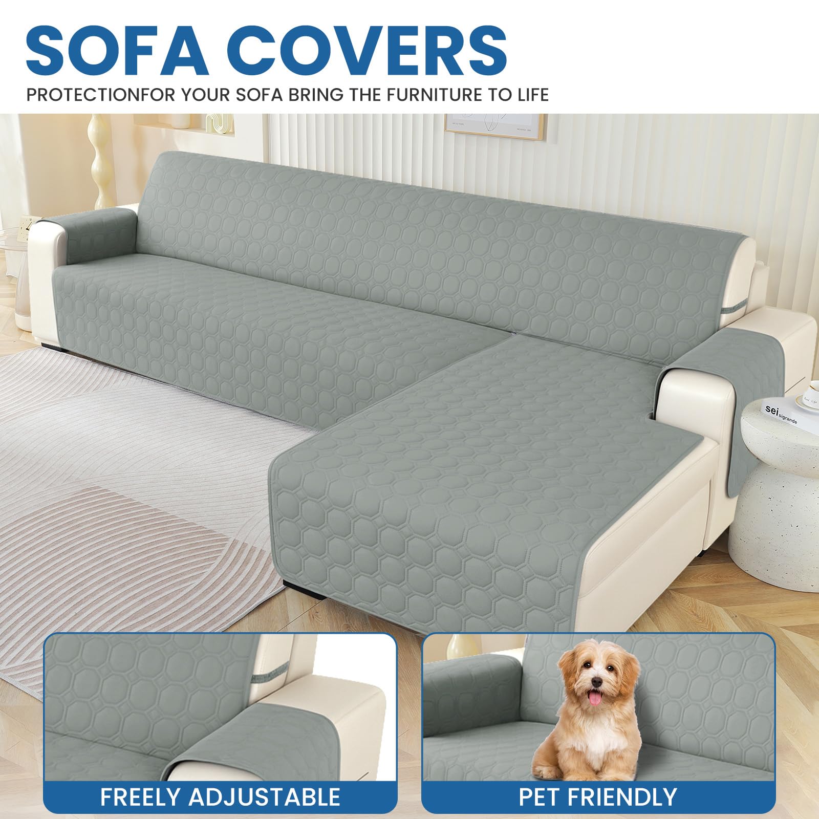 Ystyle Fundas para Sofa Chaise Longue 3 Plazas Impermeable, Fundas Sofa Chaise Longue Izquierda/Derecha Universal Reversible, Protector de Muebles Antideslizante y Antimanchas, Gris Claro