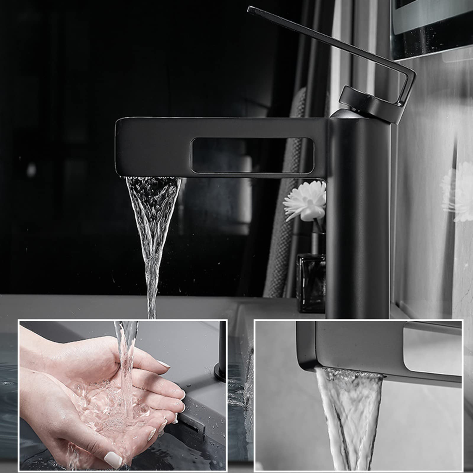 Grifos De Lavabo De Baño, Grifos De Cascada, Mezclador De Agua Fría Y Caliente, para El Hogar, Hotel, Etc., Cromados.(Black)