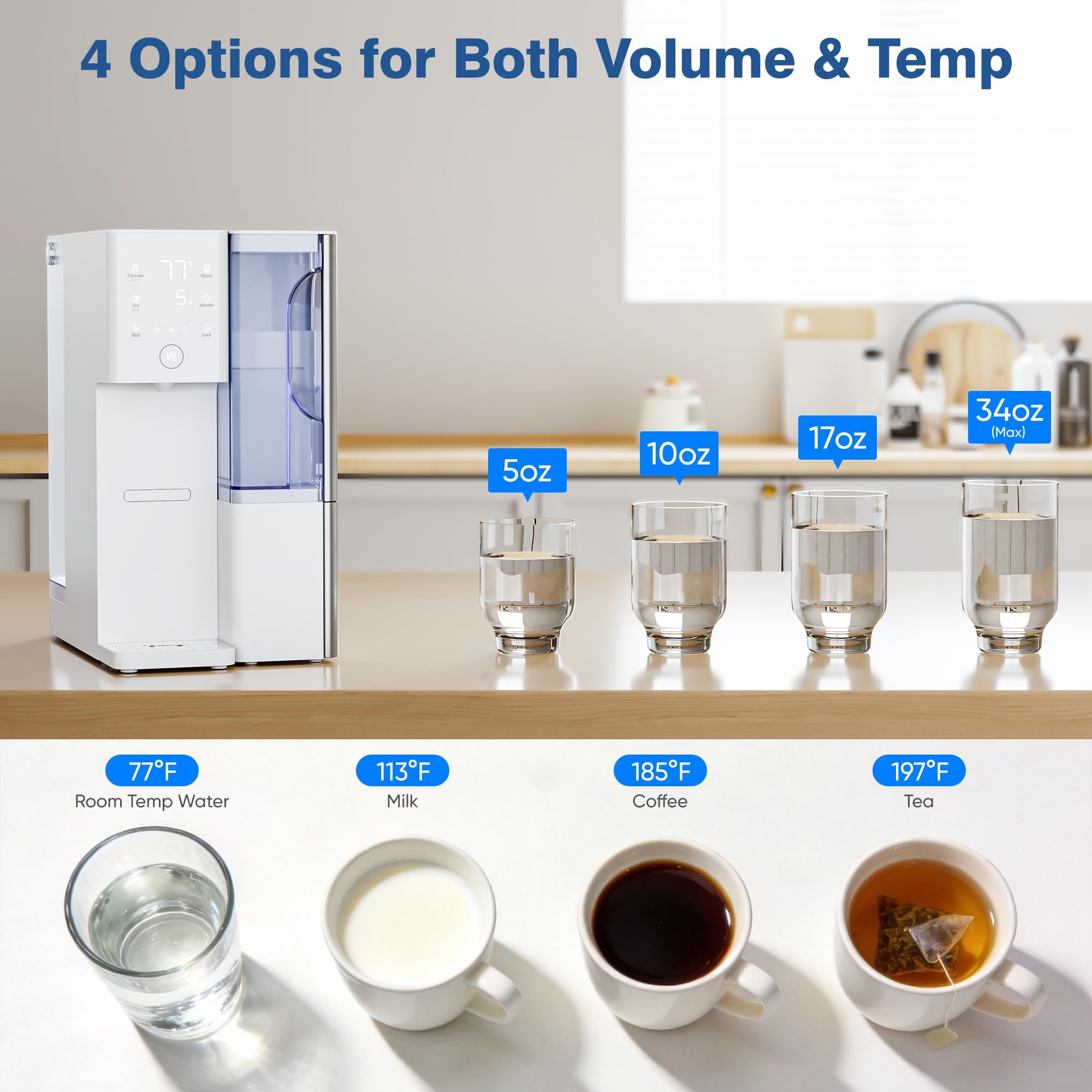 Tanoxo Sistema de encimera de filtro de agua de ósmosis inversa, filtración RO de 5 etapas, agua caliente instantánea con 4 ajustes de temperatura, sin BPA, blanco, para cocina casera