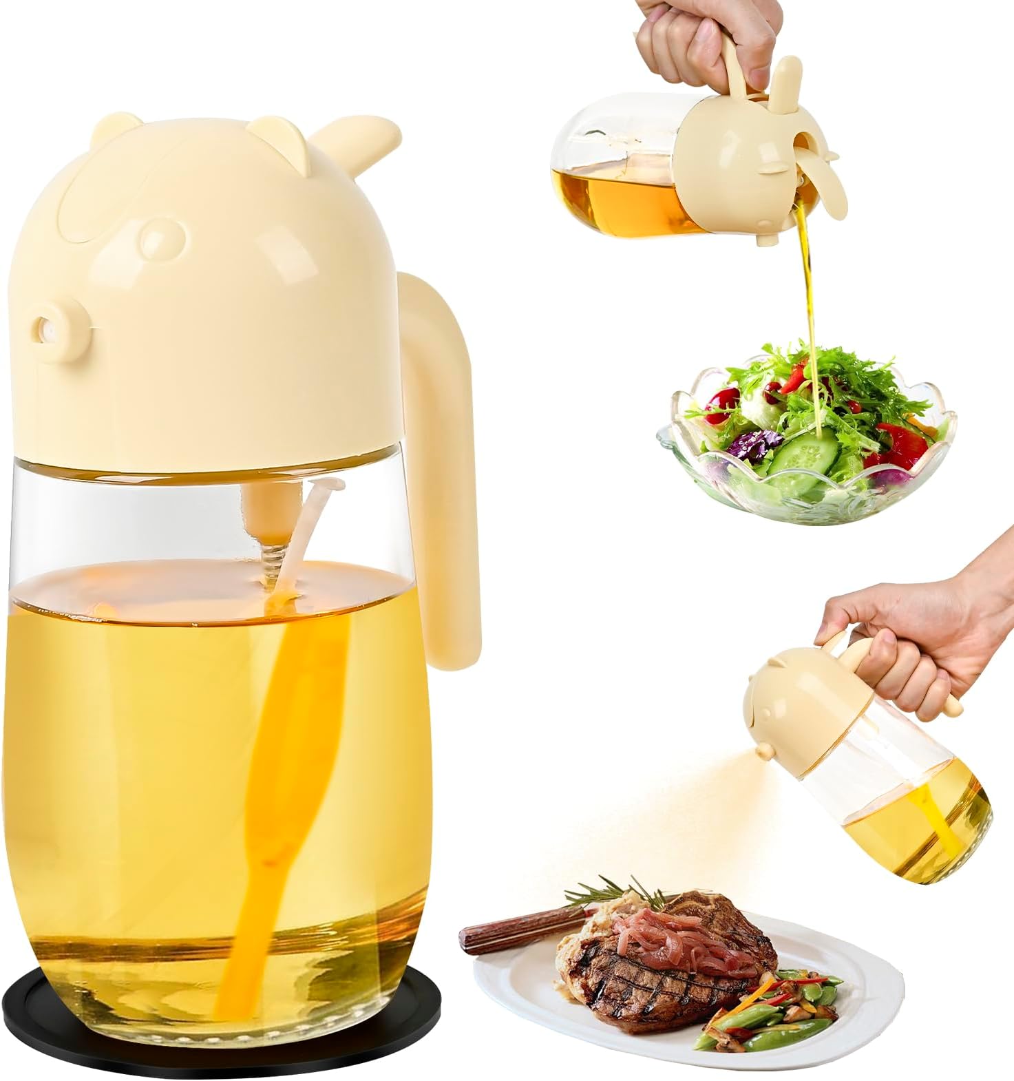 Gosect580ml/20oz 2 in 1 Oil Dispenser and Oil Sprayer for Cooking, Glass Olive Oil Dispenser Bottle with Silicone Mat, Food-grade Oil Dispenser for Kitchen, BBQ, Air Fryer, Salad, Baking (Beige)