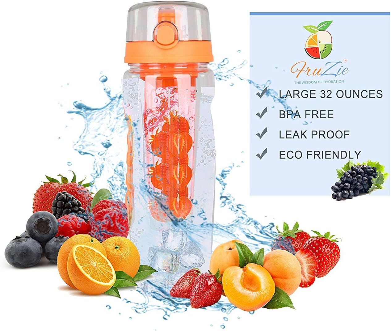 Fruit Infuser Water Bottle | Large 32oz Infusion Bottle, Flip Top, Leak Proof, Reusable | Features a Rubber Grip & Easy Carry Handle | Natural Hydration - Great for Detox, Weight Loss, Yoga & Gym