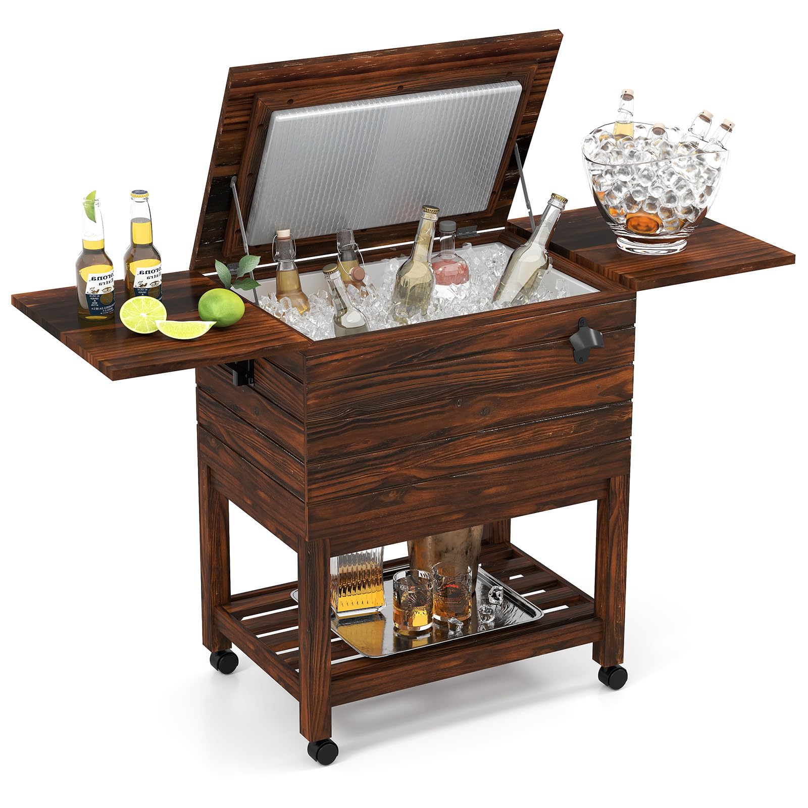 Tangkula Rolling Wooden Patio Cooler Cart, 54 Quart Outdoor Ice Chest Cooler Cart with 2 Drop Leaf Tables, Bottle Opener & Lockable Wheels, Beverage Bar Cart for Poolside, Backyard, Party, BBQ (Brown)