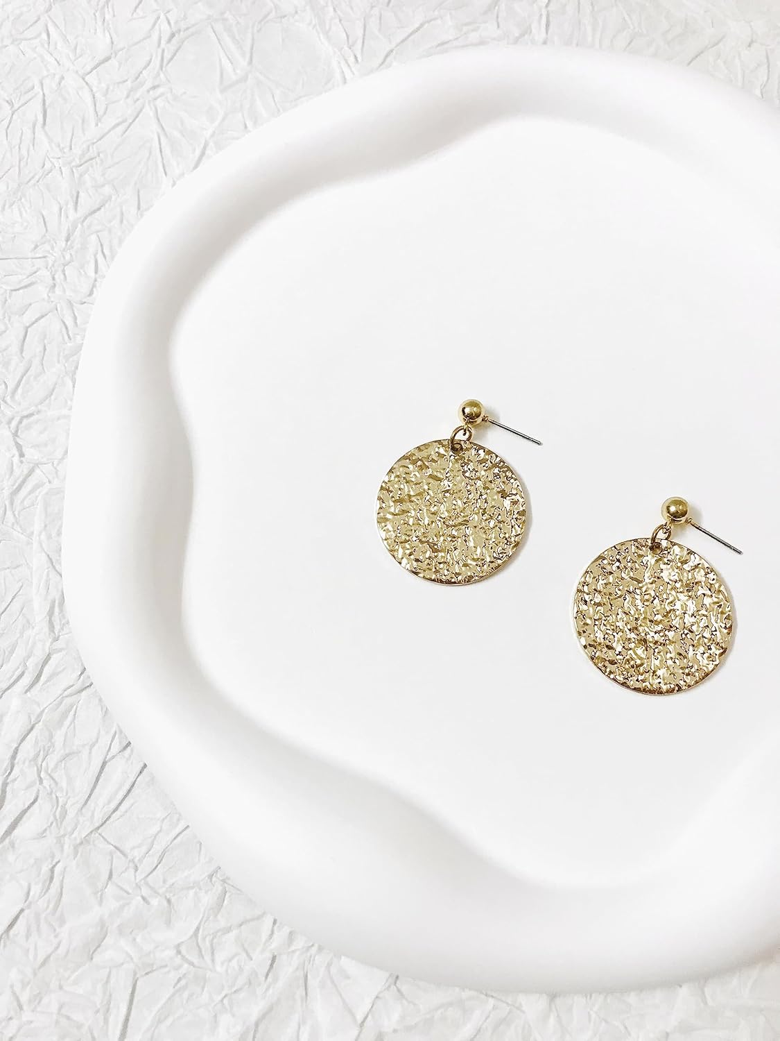 Hammered Round Disc Dangle Earrings Polished Circle Drop Earrings for Women Jewelry - Image 2