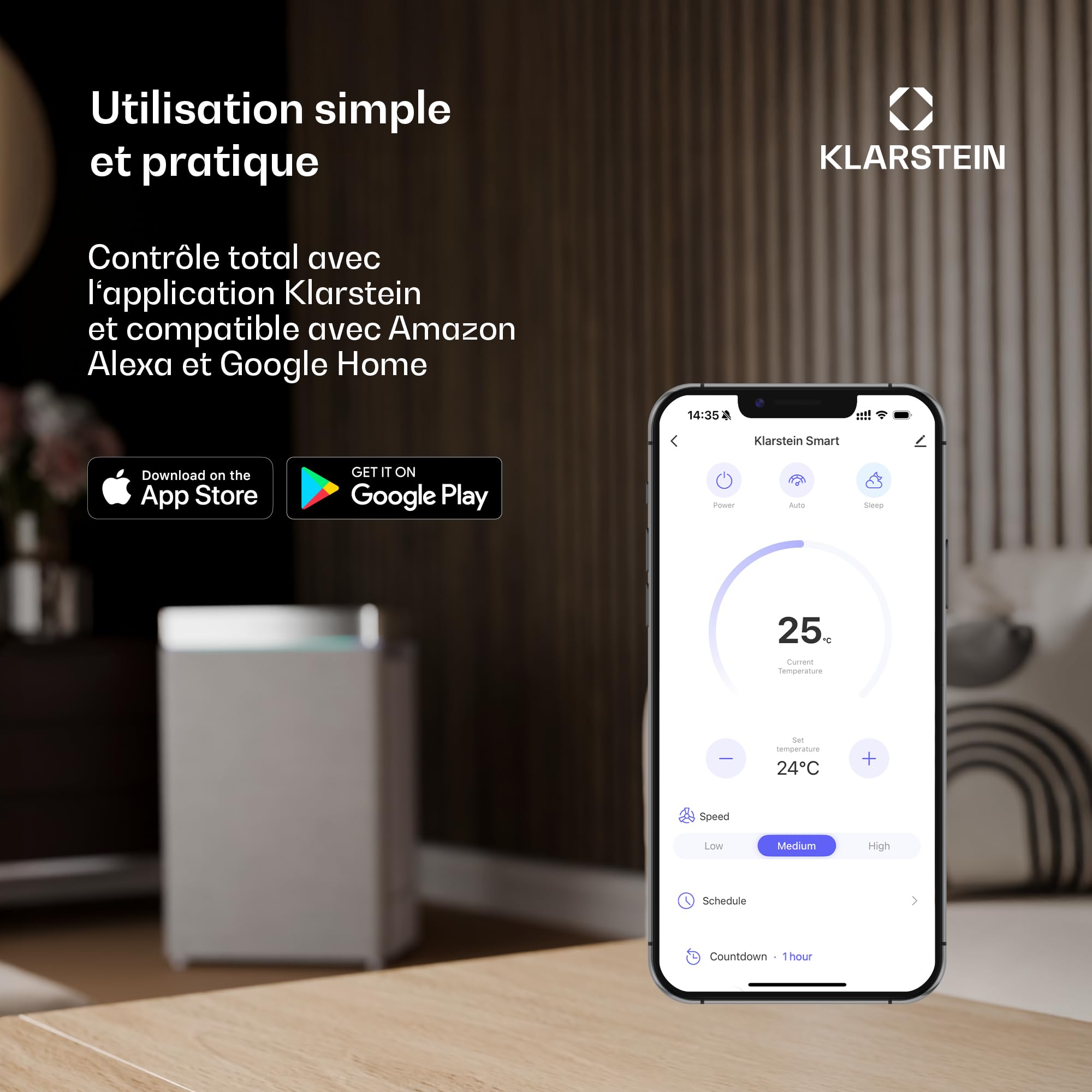 Klarstein Climatiseur Mobile Silencieux, Smart Climatiseur 3 en 1, Mode Nuit, Déshumidificateur, Ventilateur, Mini Climatisation à Faible Conso, Evacuation, Clim Portable, 7000 BTU, Climatiseurs