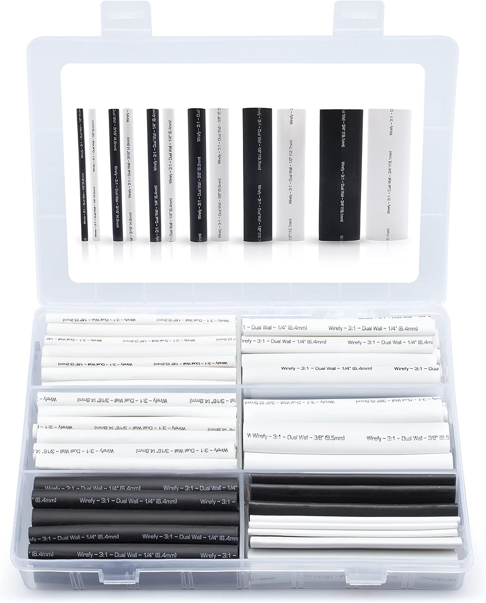 Wirefy Heat Shrink Tubing Kit 130 PCS - 3:1 Ratio Adhesive Lined, Wire Shrink Wrap Tubing - Industrial Heat-Shrink Tubing - Black & White - Shrink Wrap Tubing | UL Listed